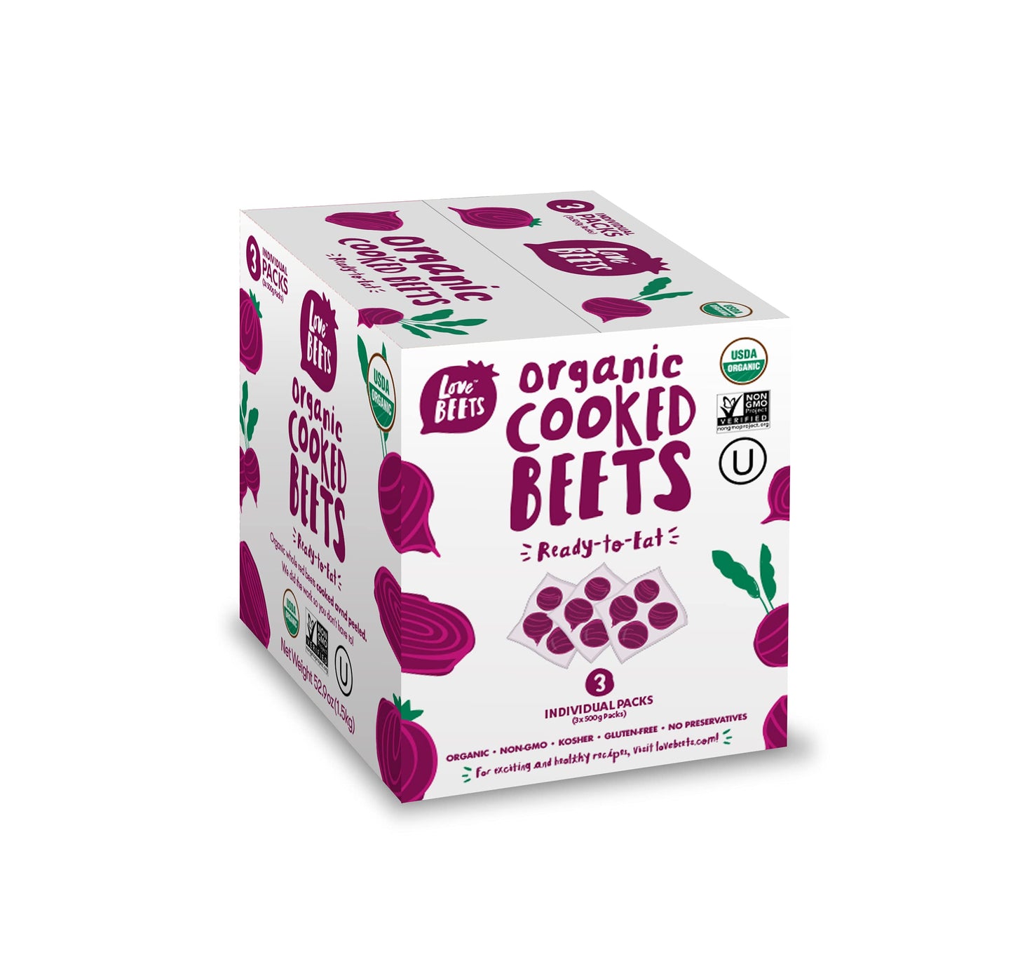 Love Beets Organic Cooked Beets, Non-GMO, No Added Sugar, 500g (3 Pack) - Rich in Antioxidants, Kosher, USA Grown