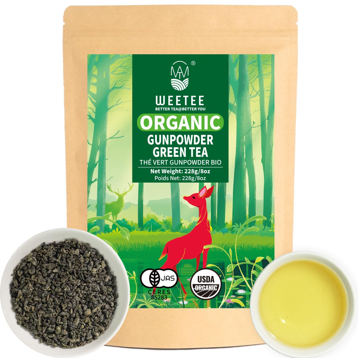 WT WEETEE Organic Gunpowder Green Tea, USDA Organic Loose Leaf Green Pearls Tea 8 Ounce, Full-Bodied & Gently Rolled Chinese Gre