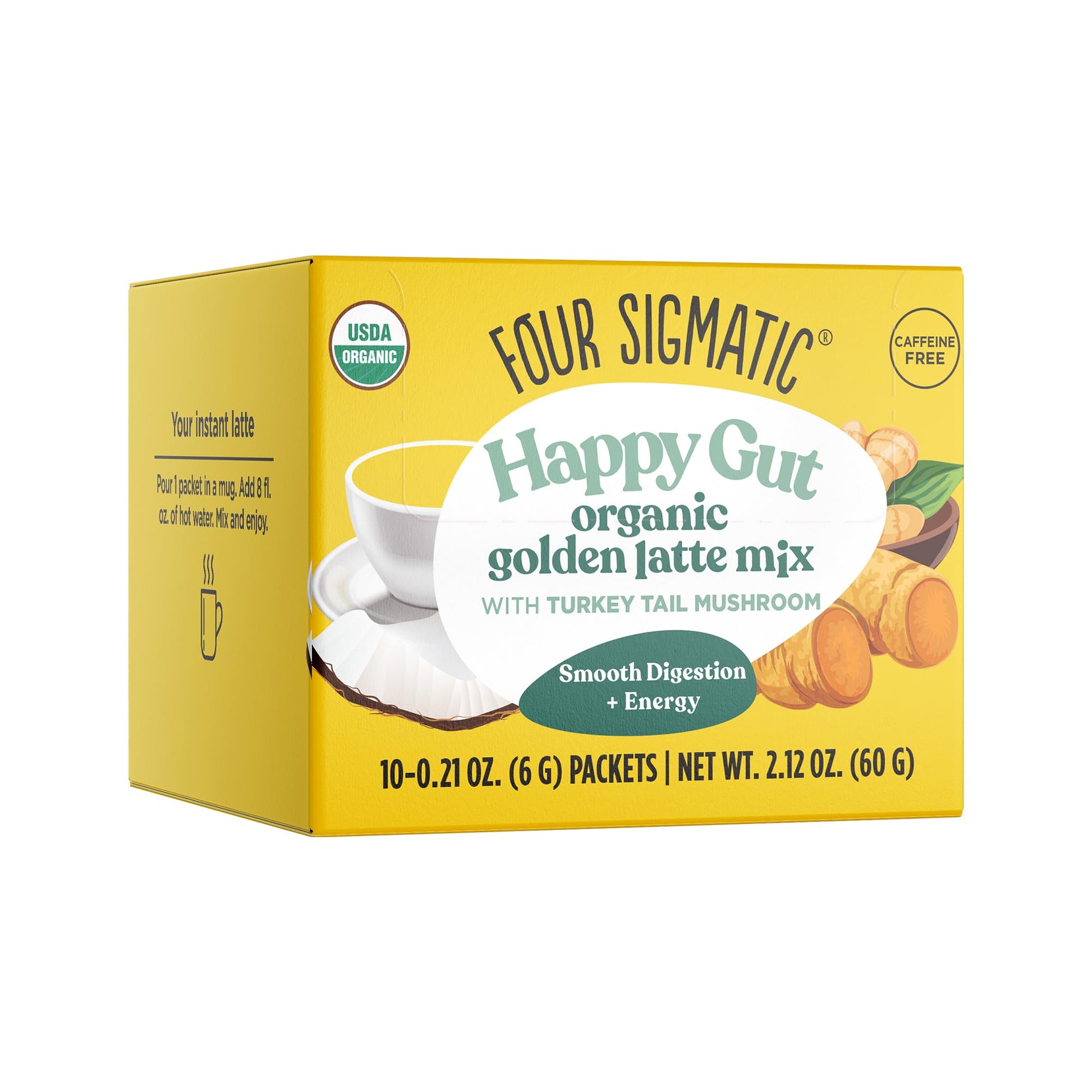 Four Sigmatic Golden Latte Mix with Turkey Tail, Turmeric & Coconut Milk, 10 Count, Decaf, Dairy-Free