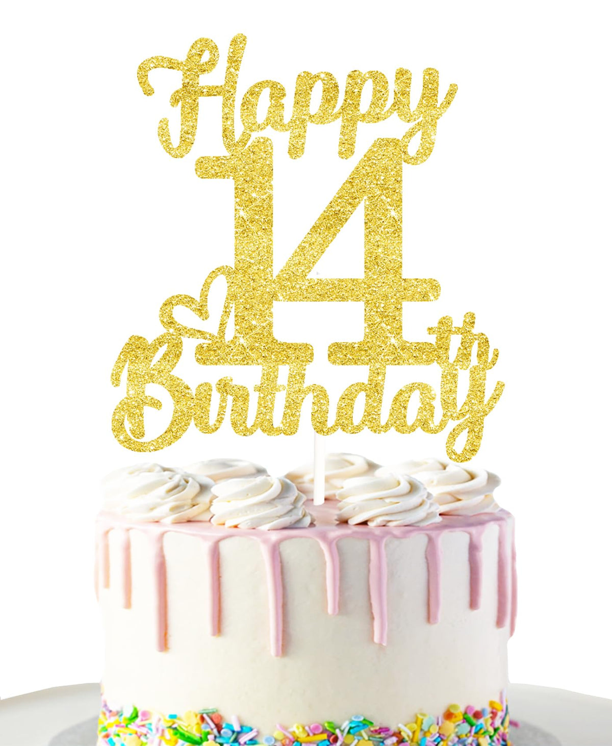 14Th Birthday Cake Topper - Double Sided Gold Glitter, Happy 14Th Birthday Cake Topper For Girls,14 Cake Decorations For Girls,