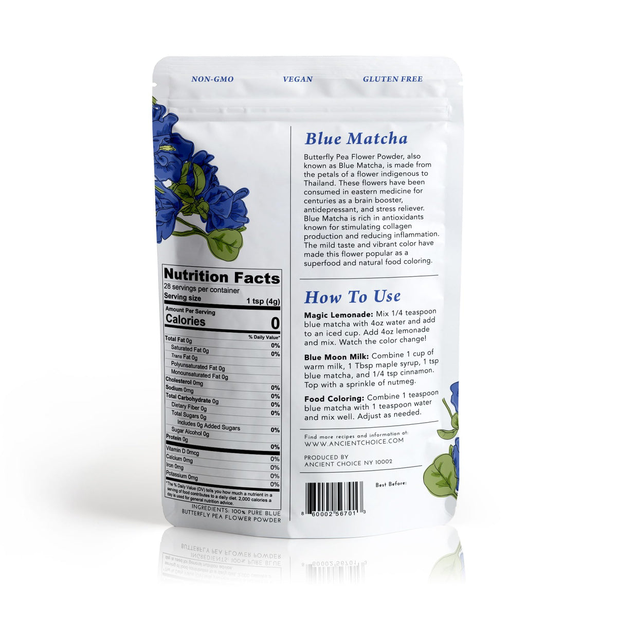 Ancient Choice - Butterfly Pea Flower Powder (4 ounce) | Blue Matcha Tea | Ceremonial (Highest) Grade | Adaptogenic Raw Culinary | Natural Food Coloring | Thai Non-GMO | Vegan
