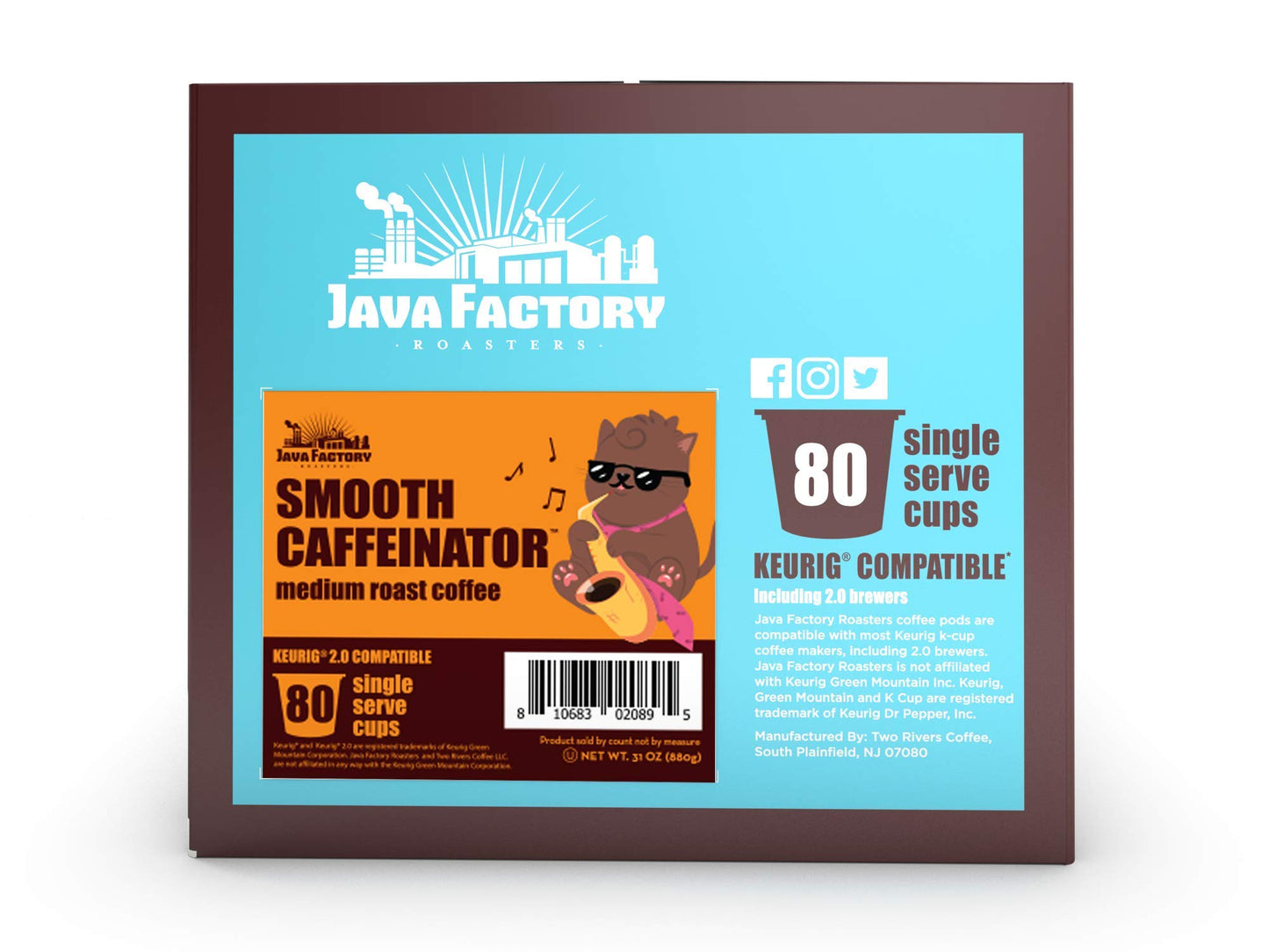 Java Factory Medium Roast Coffee Pods Compatible with K Cup malt-inspired, 80 Count, Model JFR SC80