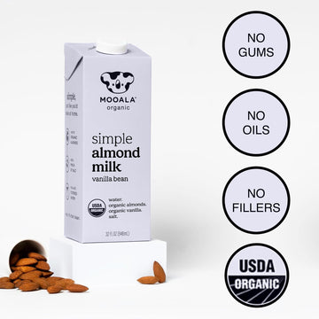 Mooala Organic Simple Almond Milk Vanilla, 32oz - 4 Ingredient, Shelf Stable, No Gums, No Oils, No Fillers, Unsweetened, Non-GMO