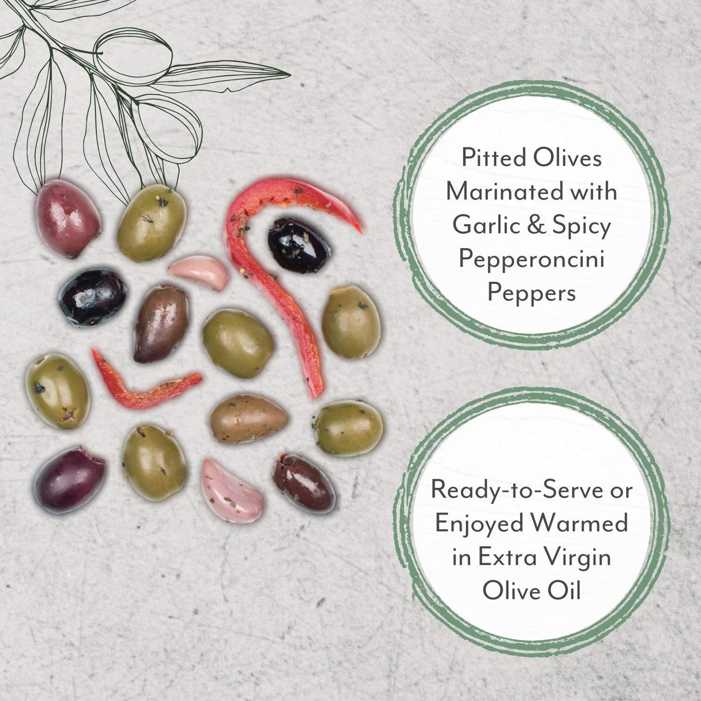 Roland Foods Greek Country Olive Mix, Whole Pitted Olives Marinated with Garlic and Pepperoncini Peppers, Specialty Imported Foo