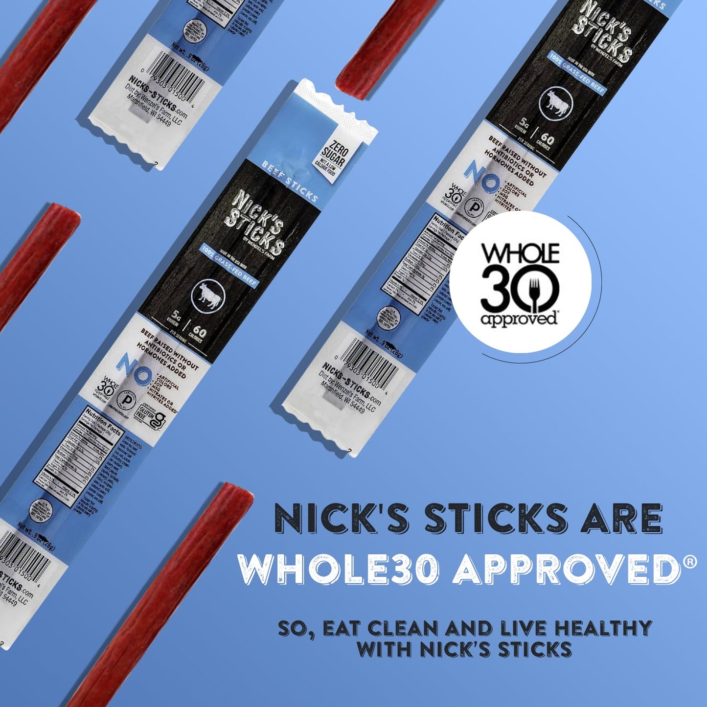 Nicks Sticks Beef Snack Sticks, 100% Grass-Fed, Gluten Free, Paleo & Keto Approved, 12 Pack of 0.9 oz Sticks
