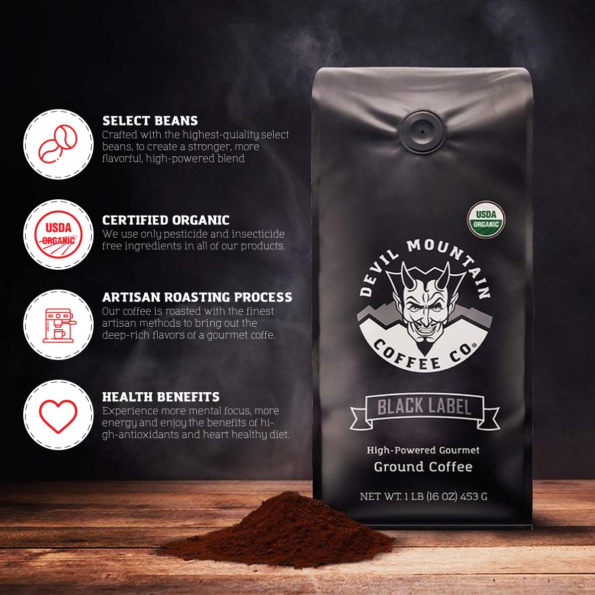 Devil Mountain Coffee Black Label Dark Roast Ground Coffee, USDA Organic, 16 oz Bag