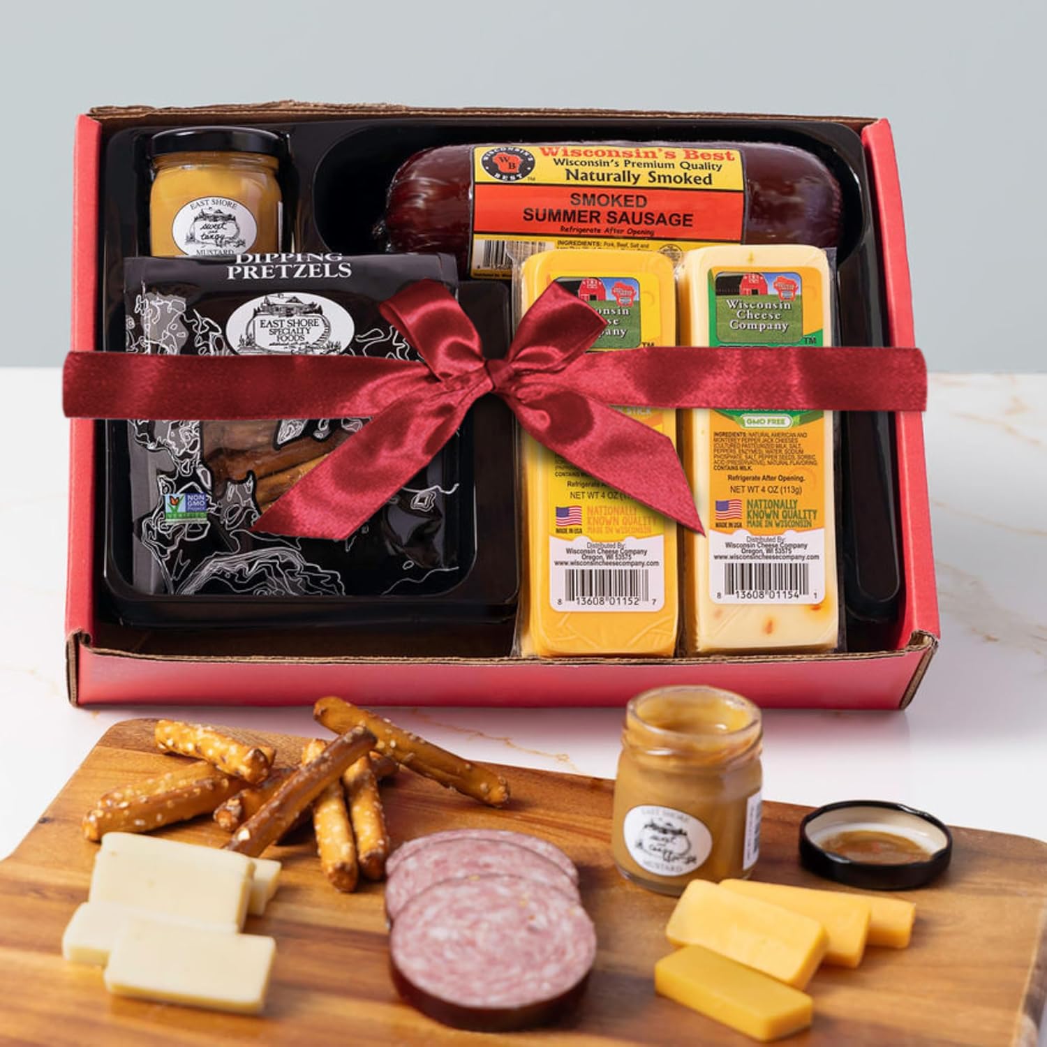 Wisconsin Cheese Company - Classic Holiday Snack Gift Box - 100% Wisconsin Cheddar & Pepper Jack Cheese, Sausage, Pretzels & Mustard | Perfect for Parties, Charcuterie Boards, and Holiday Gifts