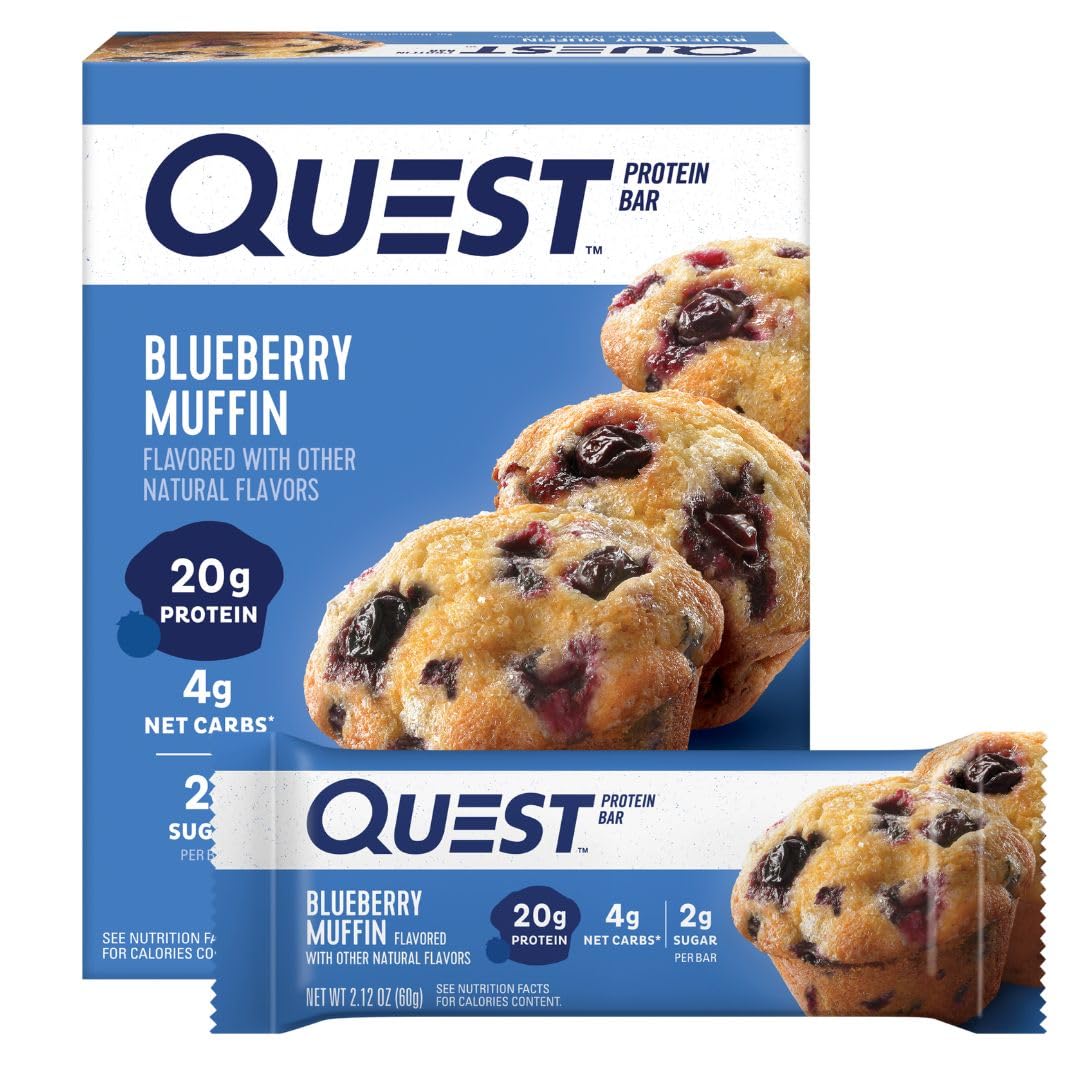 Quest Nutrition Blueberry Muffin Protein Bars, 20g Protein, 5g Net Carbs, Gluten Free, Keto Friendly, 4 Count