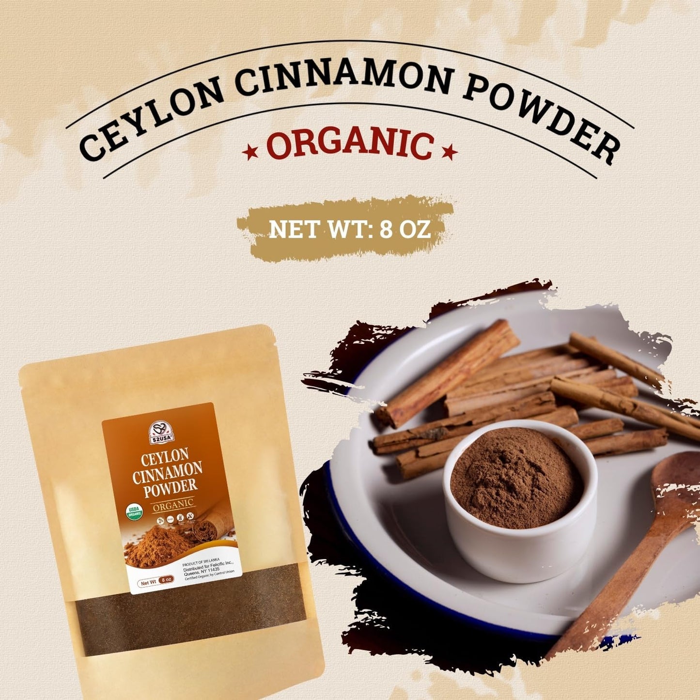 52USA Organic Ceylon Cinnamon Powder  8oz Resealable Bag | True Cinnamon from Sri Lanka  Non-GMO  Gluten-Free  Freshly Ground for Baking  Cooking & Beverages