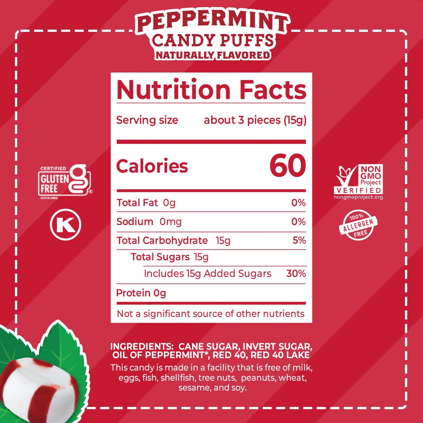 Red Bird Soft Peppermint Candy Puffs, Mints Individually Wrapped, Gluten-Free, Non-GMO Verified, Kosher, Allergen Free 10 oz Bag