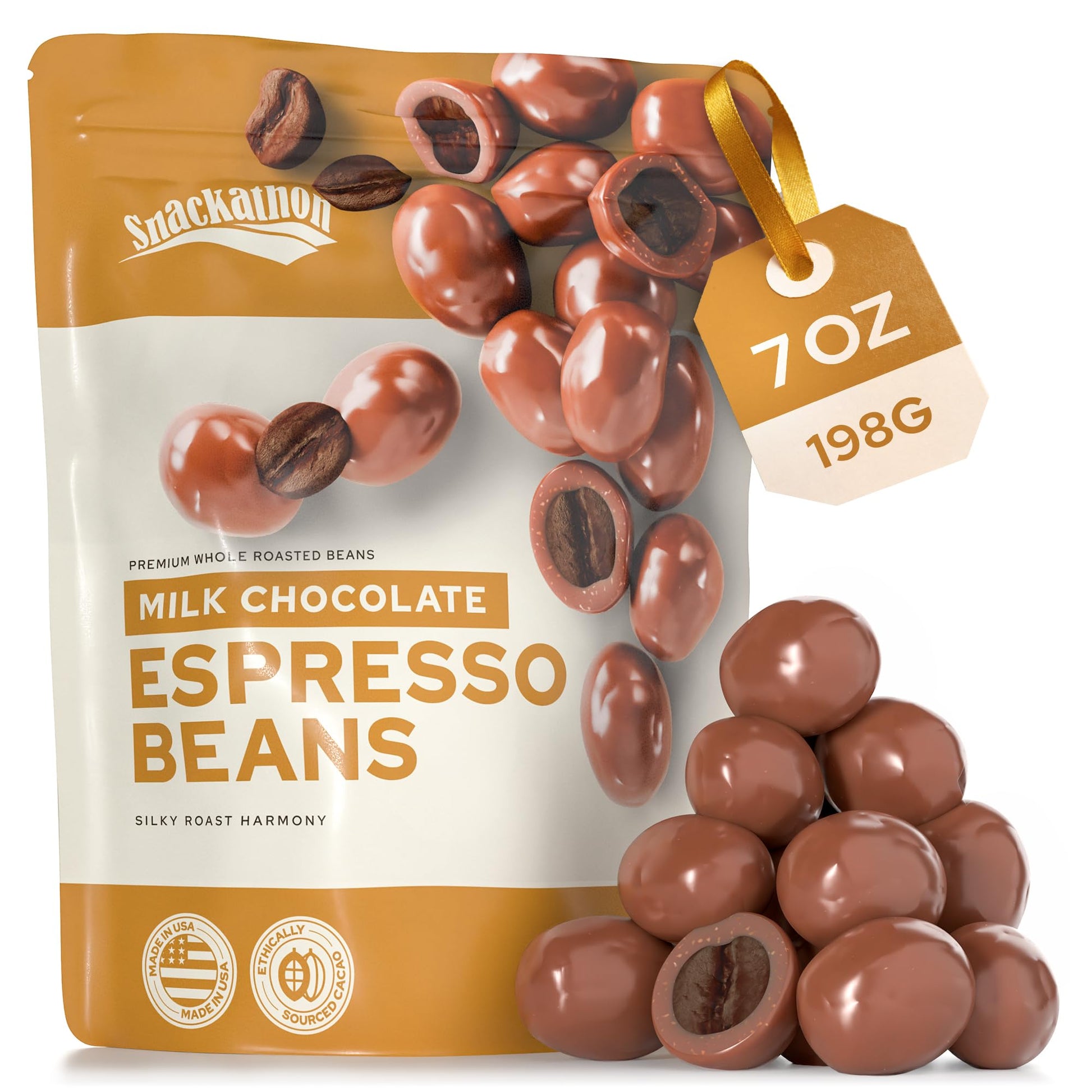 Snackathon Milk Chocolate Covered Espresso Beans  7 Oz Resealable Bag  Made In Usa  Smooth & Creamy Gourmet Candy Snack For Coffee Lovers