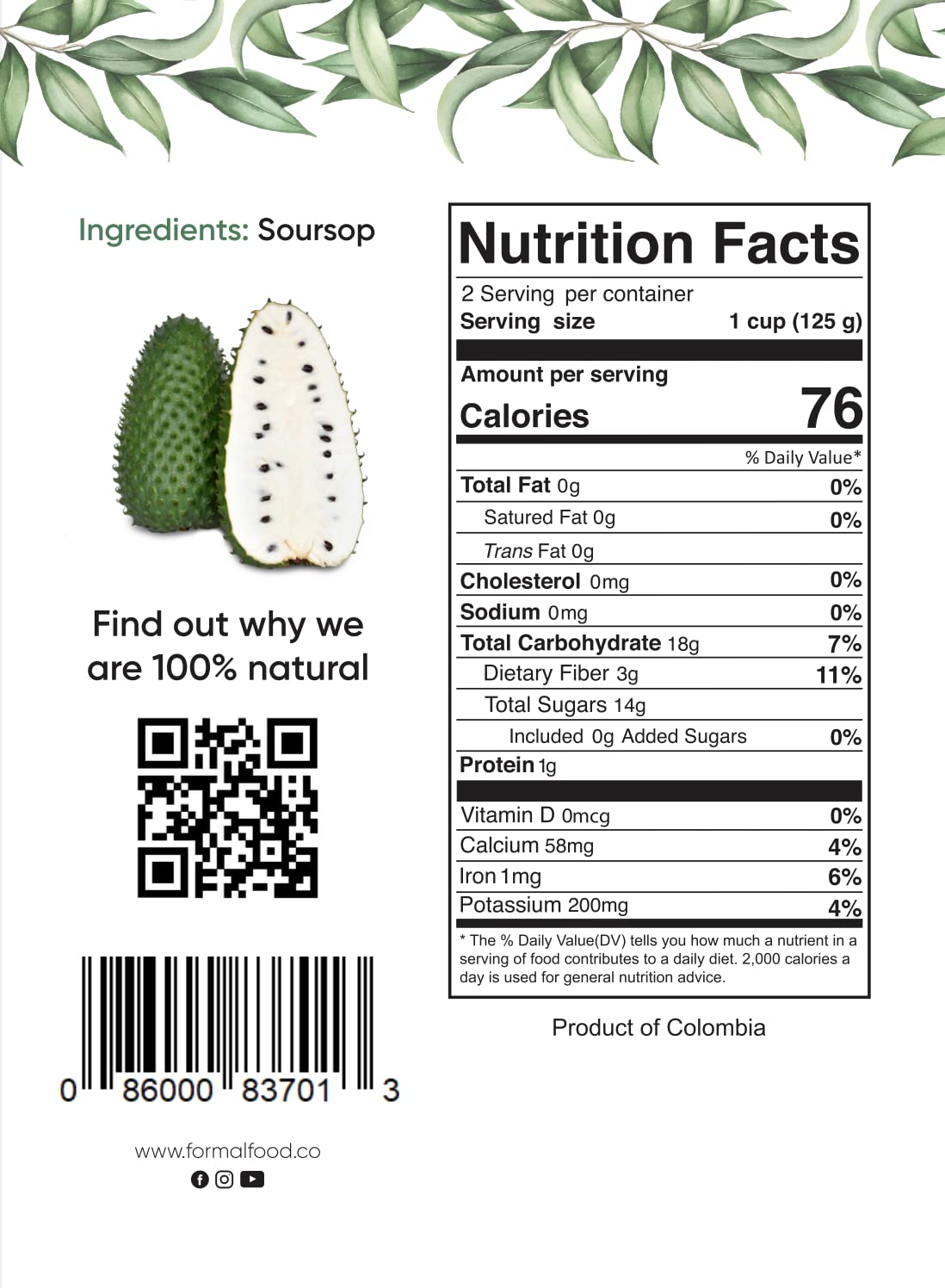 Formal Food Soursop Fruit - 100% Natural, No Added Sugar, No Preservatives - Pack of 6, 8.82 Oz