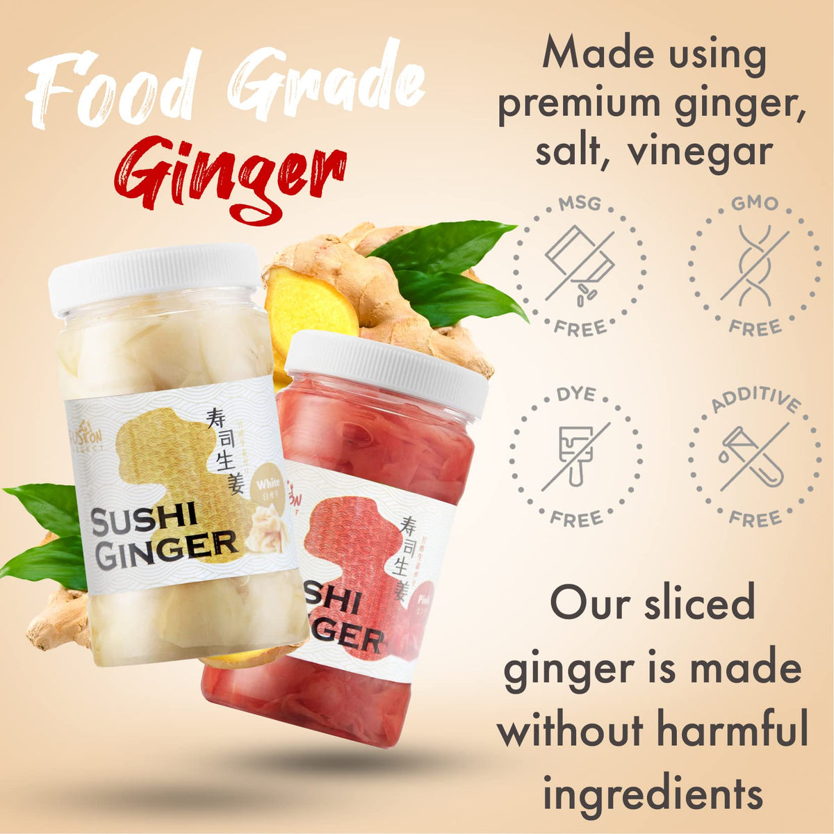 Fusion Select Sushi Ginger - Natural Sliced Gari, Pickled Ginger - No MSG, Non-GMO - 12oz (1Pk)