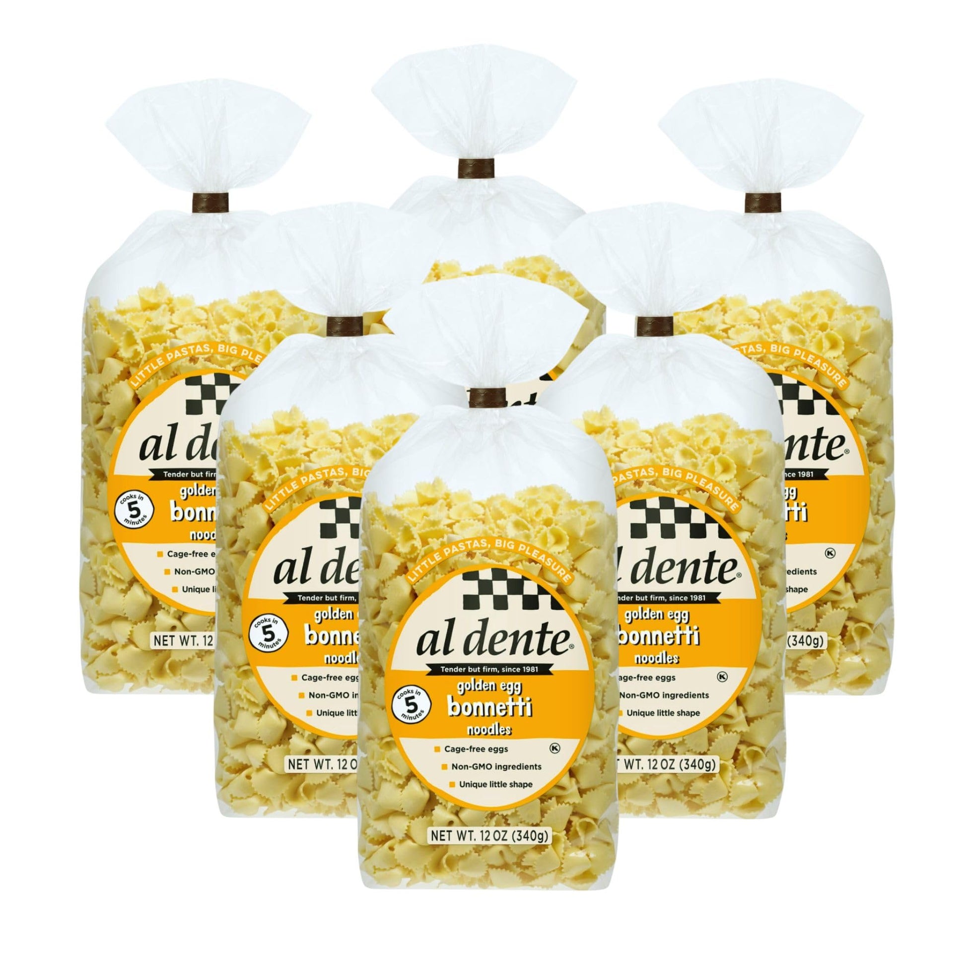 Al Dente Fresh Non-GMO Golden Bonnetti Pasta - Hand-Crafted  Delicious And Versatile. Traditional Noodles Made With Cage-Free Eggs  And Durum Wheat  12 Oz Bags (Pack of 6)