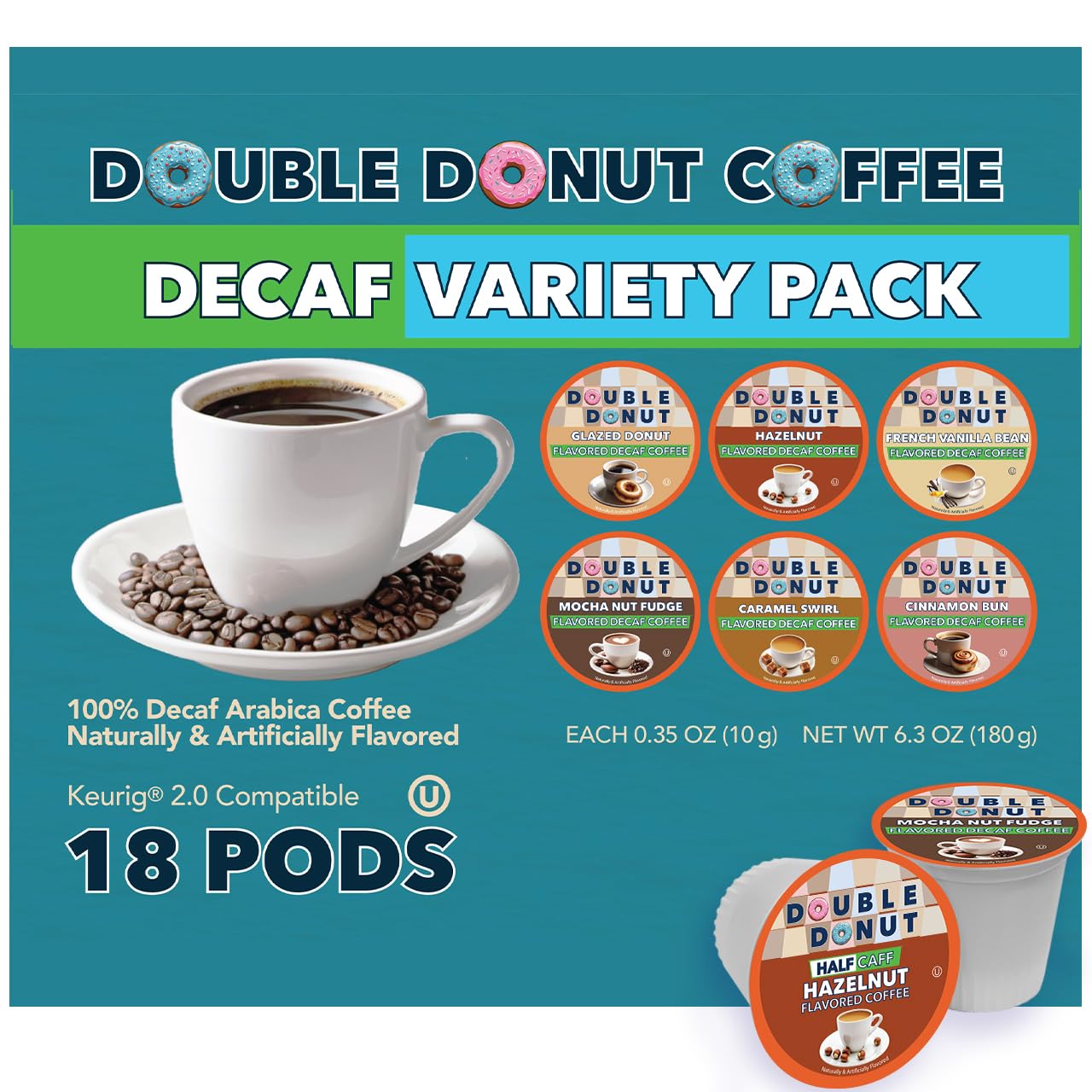 Double Donut Decafvariety Pack Medium Roast Coffee Pods  Compatible With Keurig K Cups Beverage Makers 18 Count