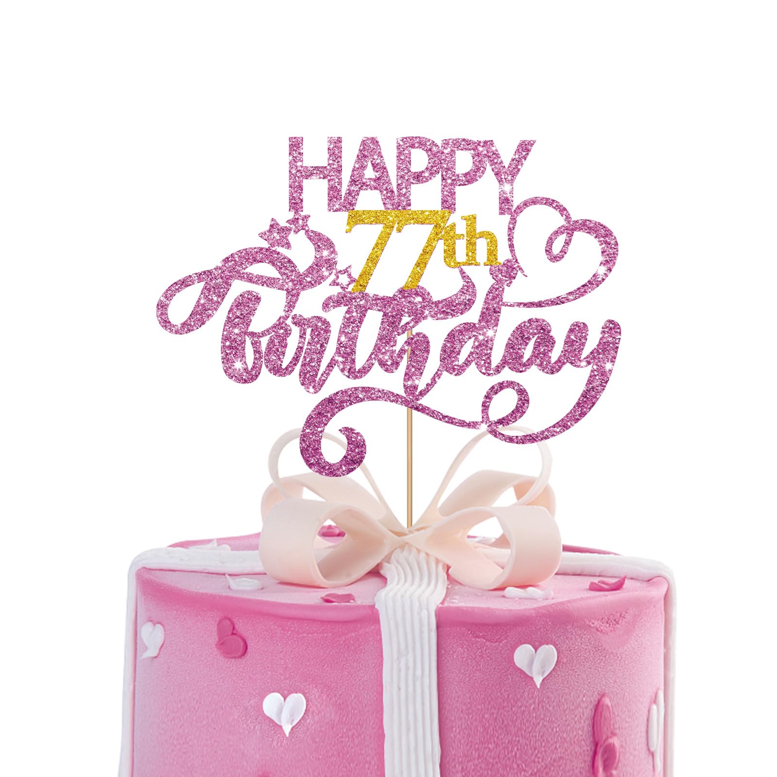 Pink Glitter Happy 77Th Birthday Cake Topper, Seventy Seven Years Old Birthday Party Cake Decor, Gold Number 77 Birthday Party S