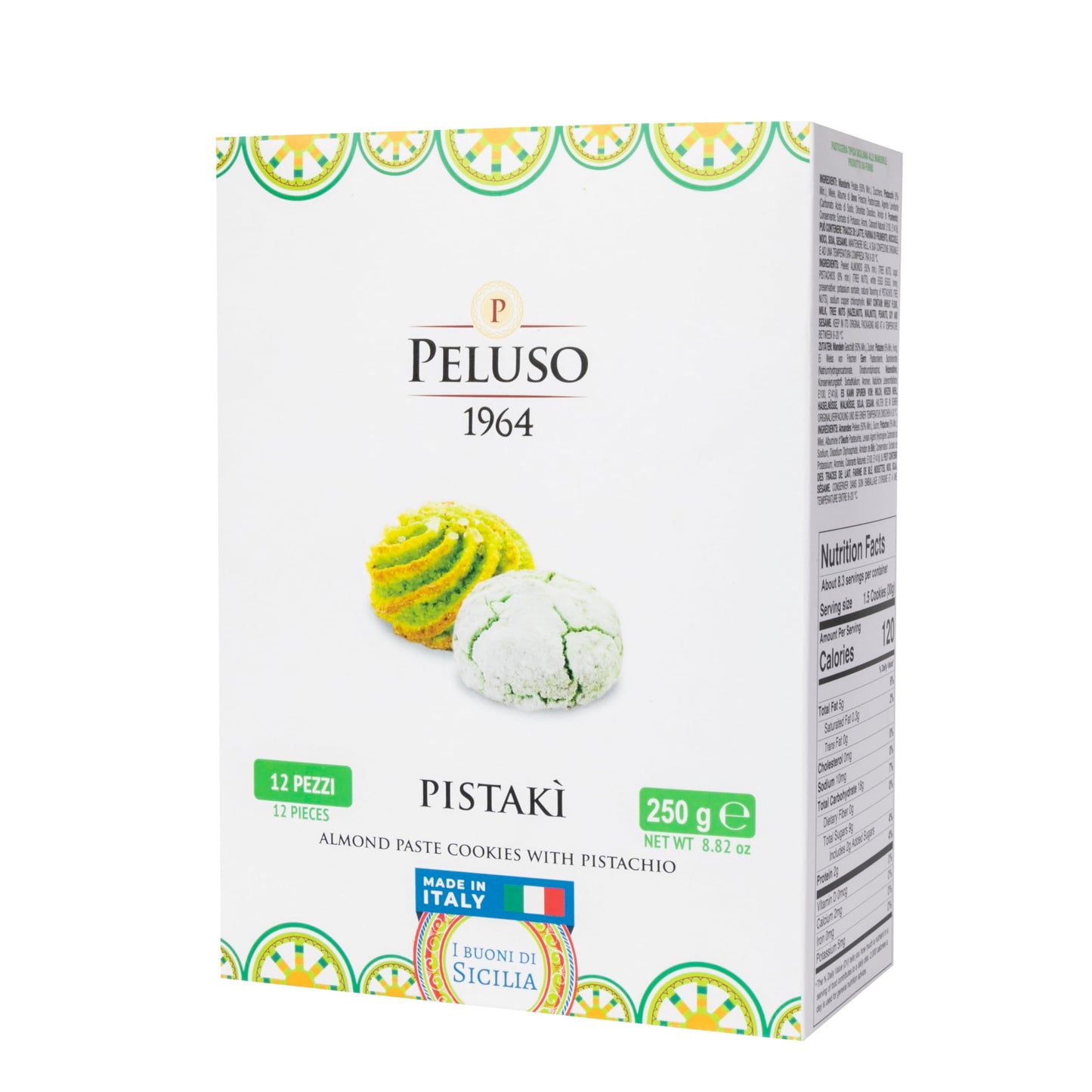 Peluso Pistaki Sicilian Almond Cookies, 250g, 12 Count - Artisanal Biscotti, Perfect for Snacking & Gifting, Pistachio Flavor