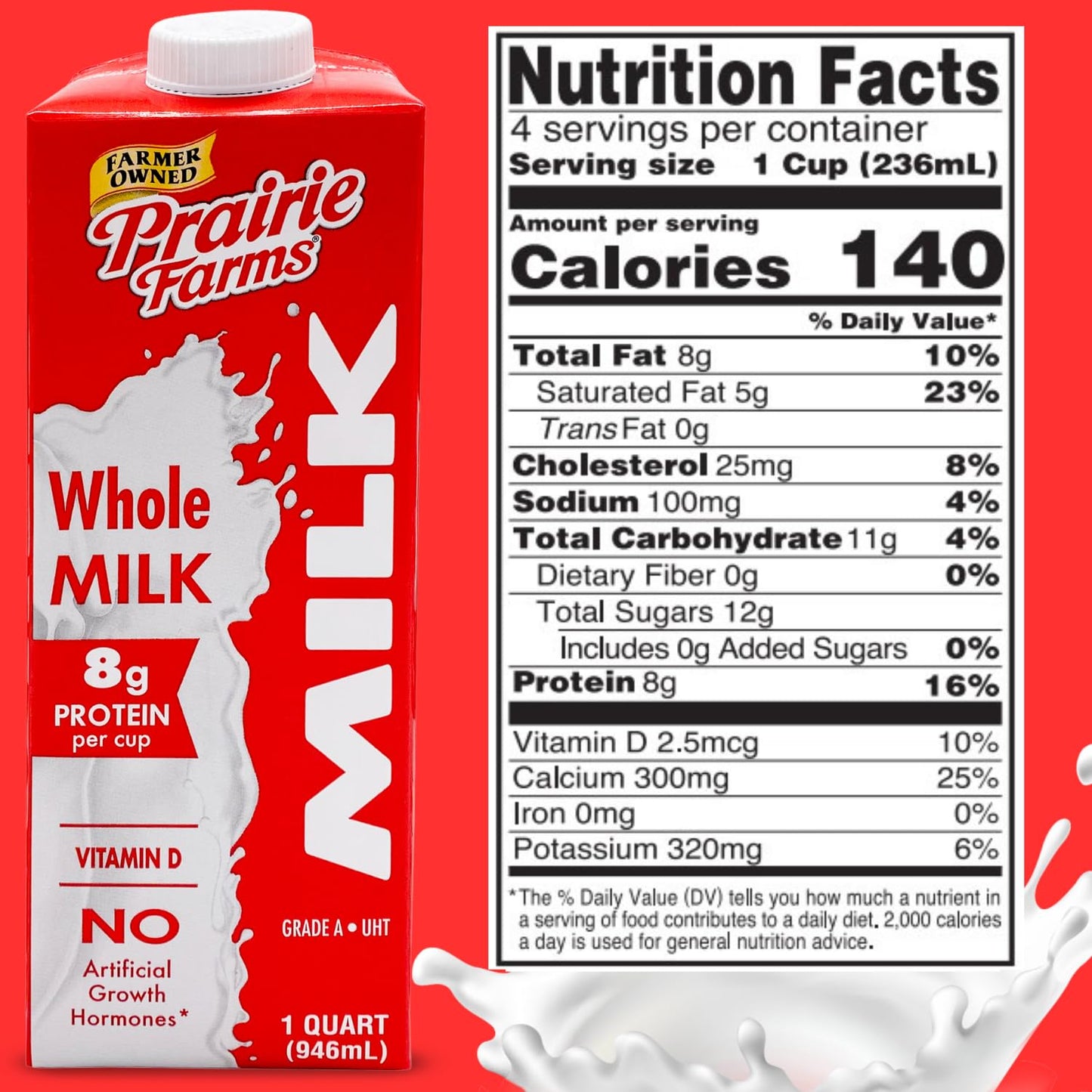 Prairie Farms Whole Milk - UHT Ultra Pasteurized, Preservative Free - 32 Fl Oz (1 Quart) - Gluten Free, Made in USA
