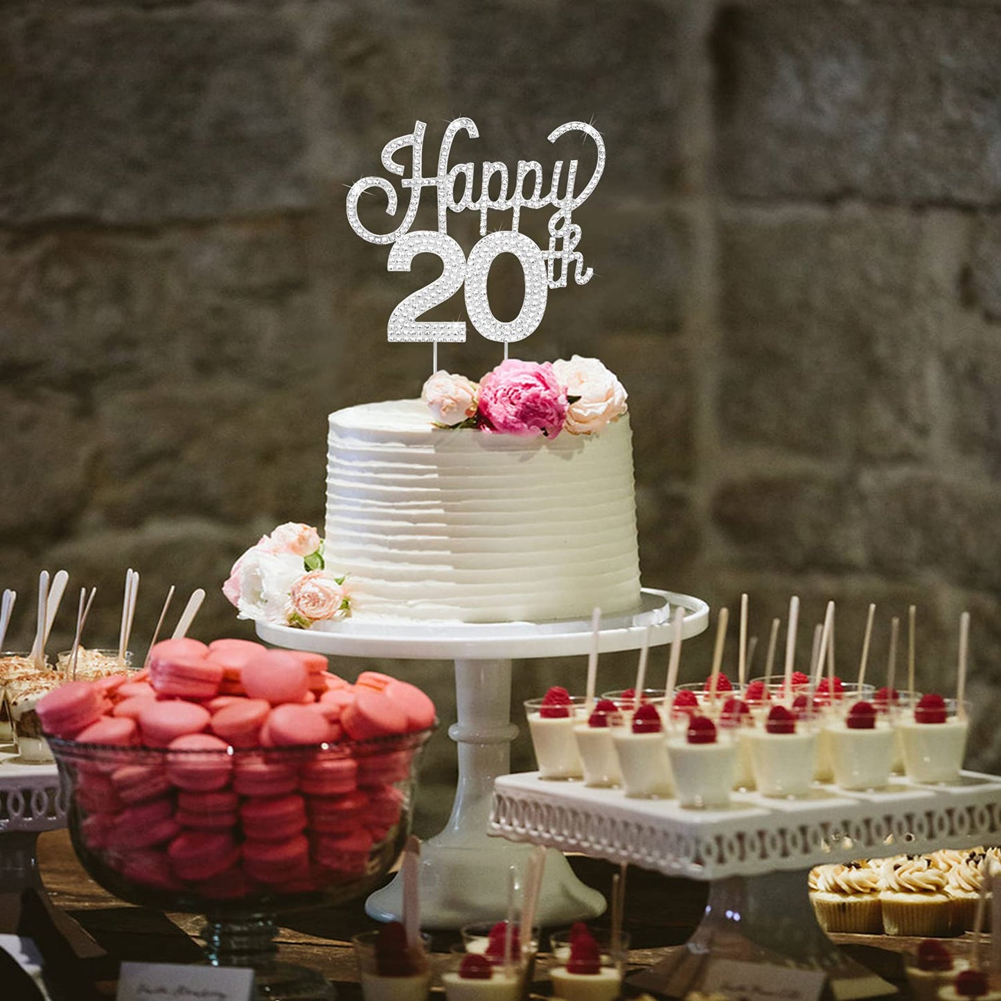 Lingteer Happy 20Th Birthday Silver Rhinestone Cake Topper - Cheers To 20Th Birthday Twenty Years Old Party Cake Centerpieces To