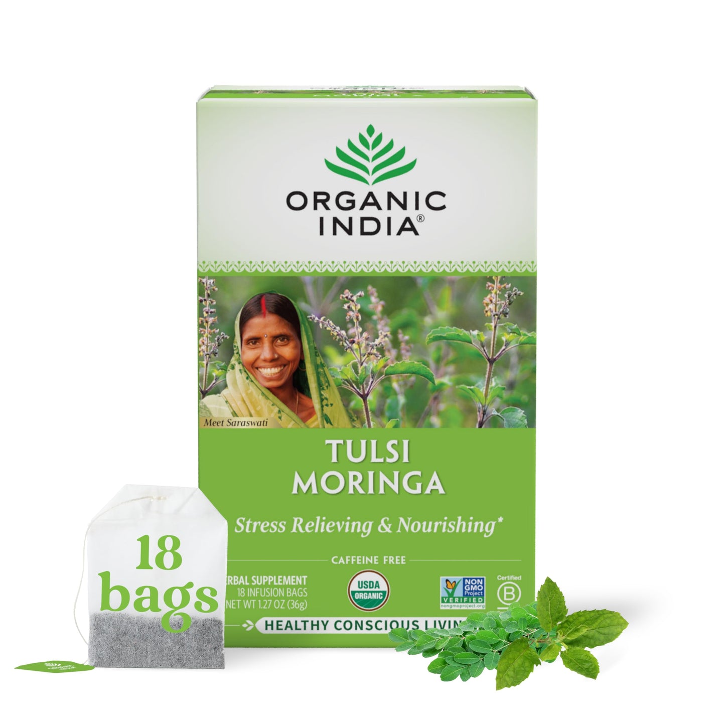 Organic India Tulsi Moringa Tea Bags - Vegan, Caffeine-Free, Immune Support - 18 Count (Pack of 1)