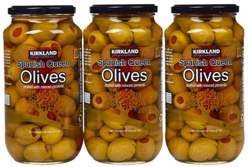 Kirkland Signature Spanish Queen Olives Stuffed With Minced Pimiento  21oz Glass Jar (Pack of 3  Total of 63 Oz)