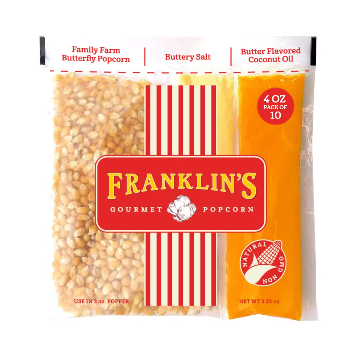 Franklins Gourmet Popcorn All-In-One Popcorn Packs For Popcorn Machine - 4Oz Pack Of 10 - Made In Usa - Packs Of Popcorn Bags Wi