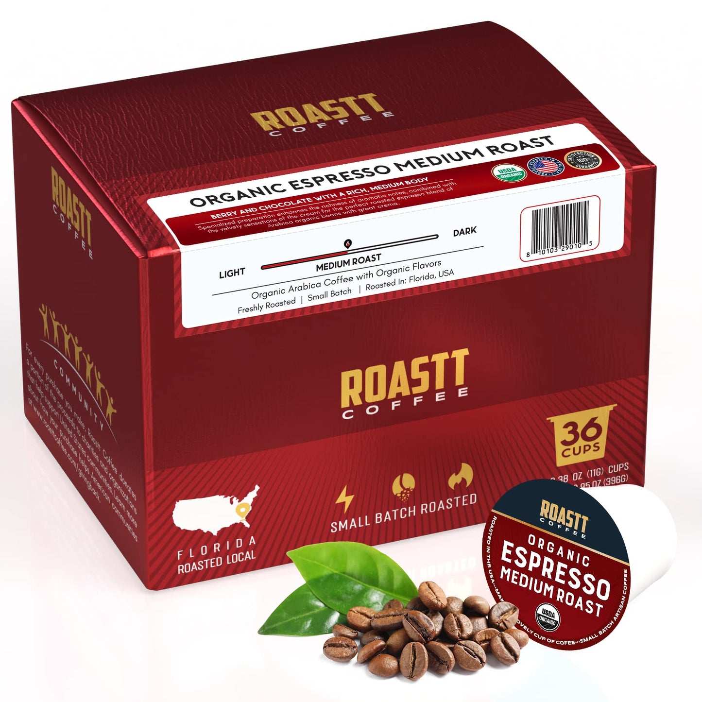 Roastt Coffee Organic Espresso Pods for Keurig, Medium Dark Roast, 36 Count