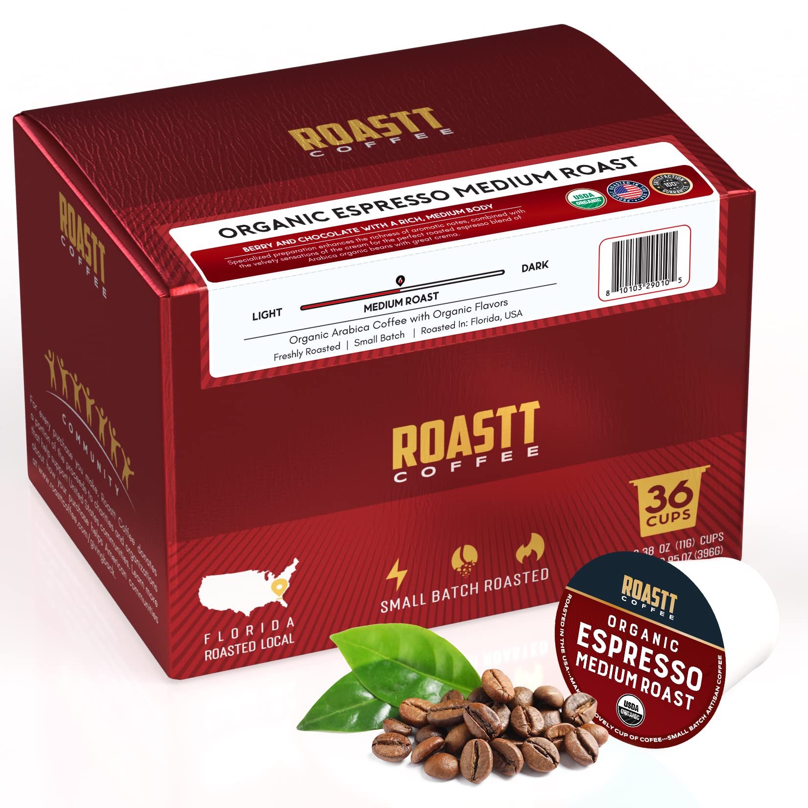 Roastt Coffee Organic Espresso Pods for Keurig, Medium Dark Roast, 36 Count