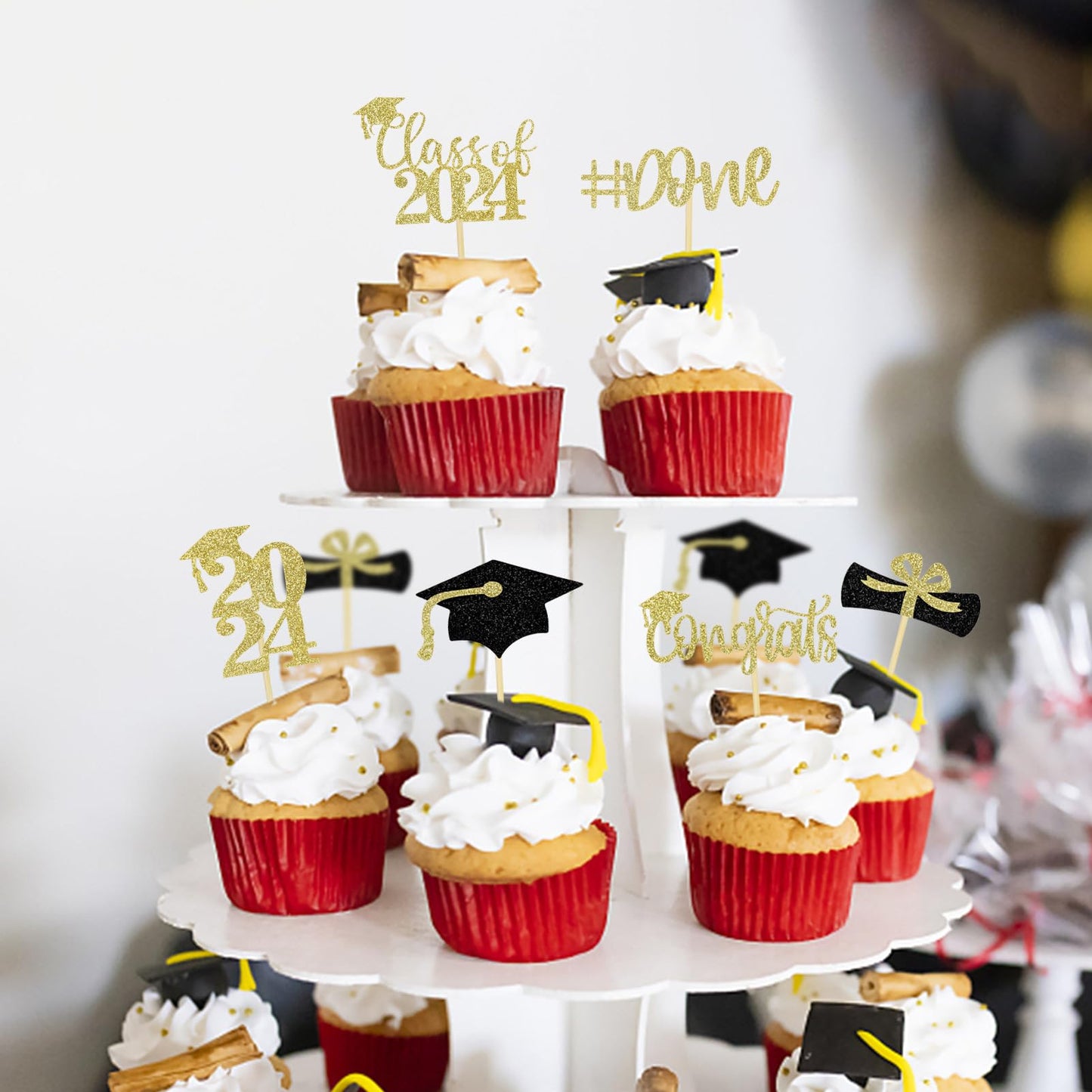 24Pcs Glitter Graduation Cupcake Toppers 2024 Gold Cupcake Picks For Graduation Theme Decorations Class Of 2024 No Diy Need