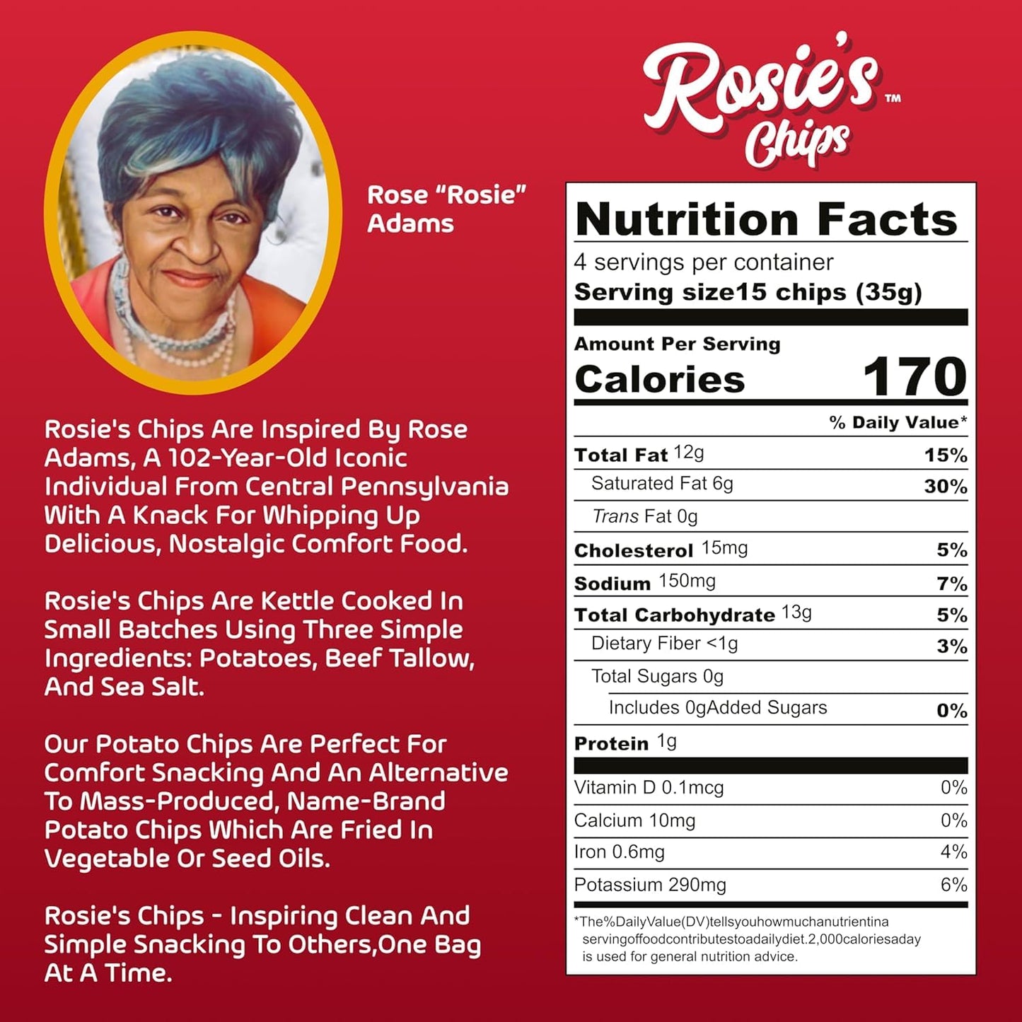 ROSIES CHIPS Kettle Cooked Potato Chips - Non-GMO, 5oz Bags, 6 Pack - Made with Grass Fed Beef Tallow, Sea Salt, Oil Free Snacks