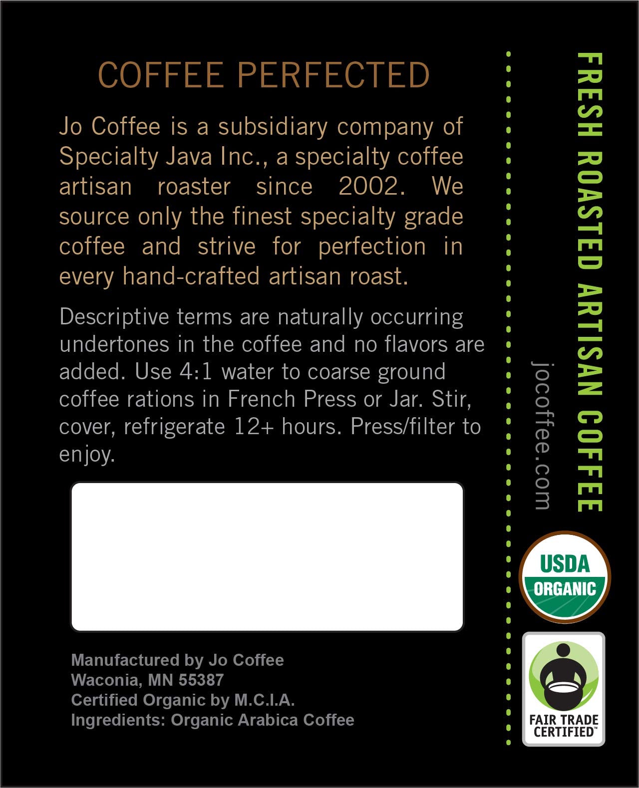 Jo Coffee Cold Brew Coffee Blend, Dark Roast, Coarse Ground, USDA Organic, 32 Ounce