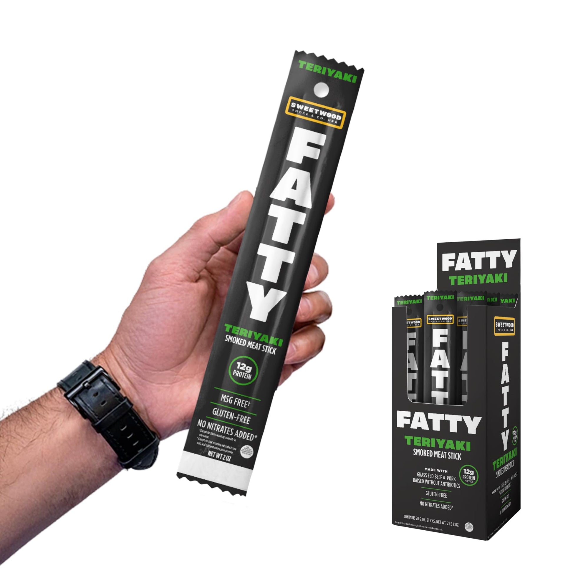 American Made Sweetwood Smokehouse FATTY Meat Sticks, Grass-Fed Beef, Teriyaki Flavor, 2 Ounce (Pack of 20), Gluten Free, Low Carb
