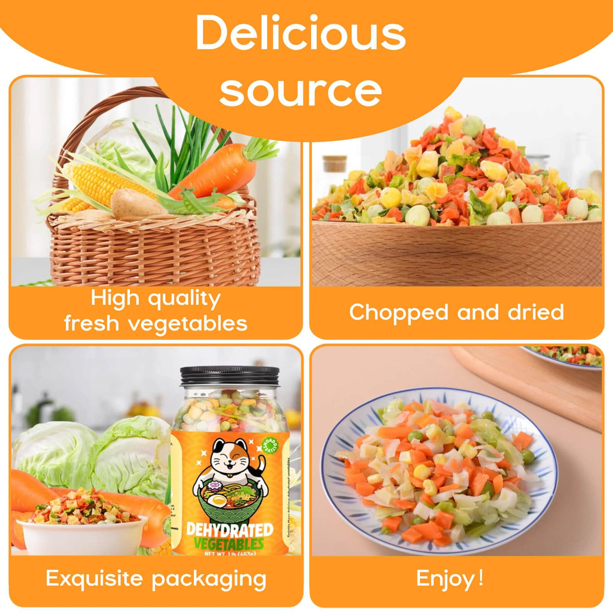 16Oz Dehydrated Freeze Dried Vegetables - 100% Natural Large Packaging Ramen Toppings, 6 Mixed Vegetable Flakes, No Gluten & No Allergen, Dry Veggie For Cooking, Camping, Emergency Supply