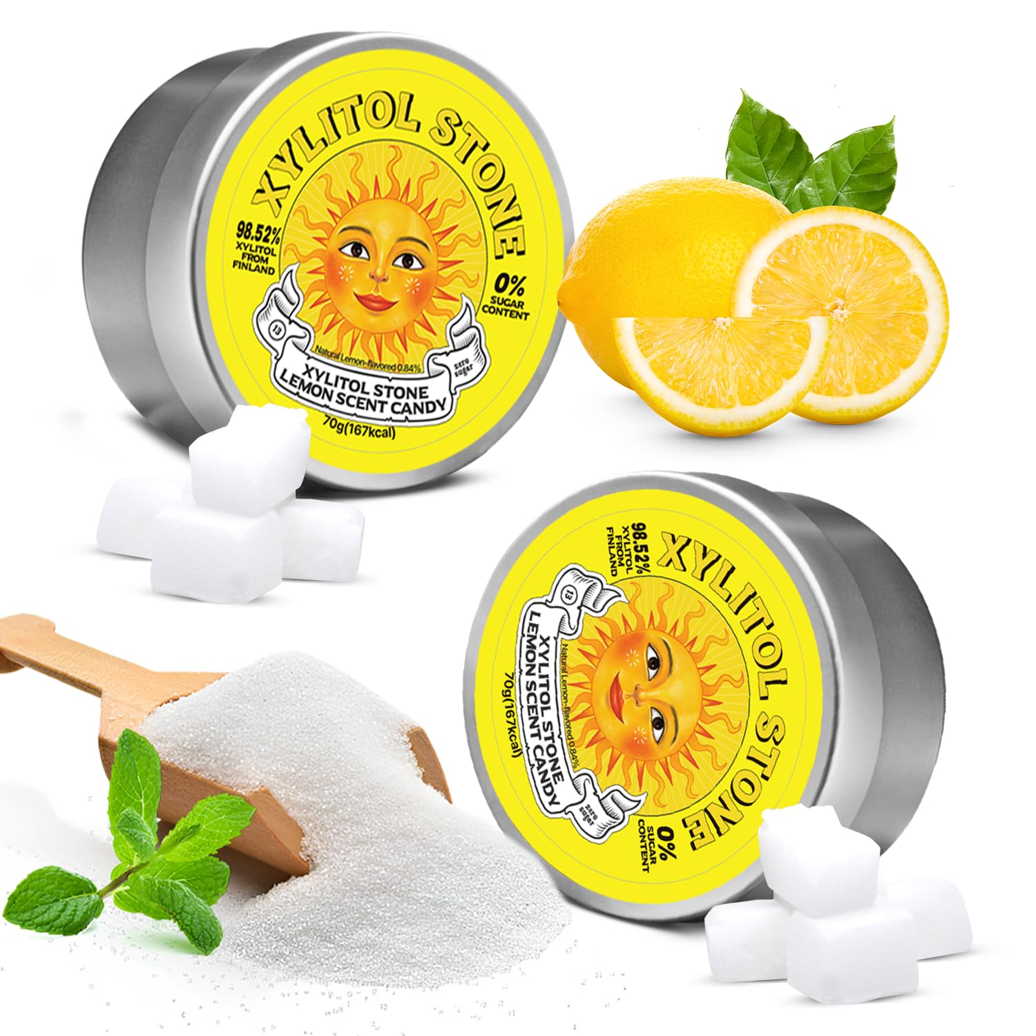 Xylitol Stone Sugar Free Candy - Vegan & Keto Friendly Unique Hard Candy Sugar-Free - 100% Natural Flavor Candies - Gluten Free & Non-Gmo Breath Freshener Low Calorie Mints - Lemon (Pack Of 2)