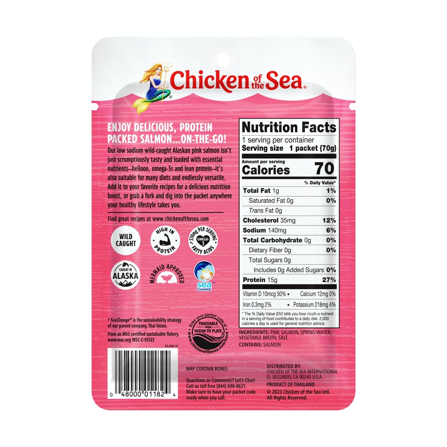 Chicken of the Sea Alaskan Pink Salmon, 2.5 oz. Packets (Box of 12), Wild Caught Salmon, Skinless & Boneless, Low Sodium