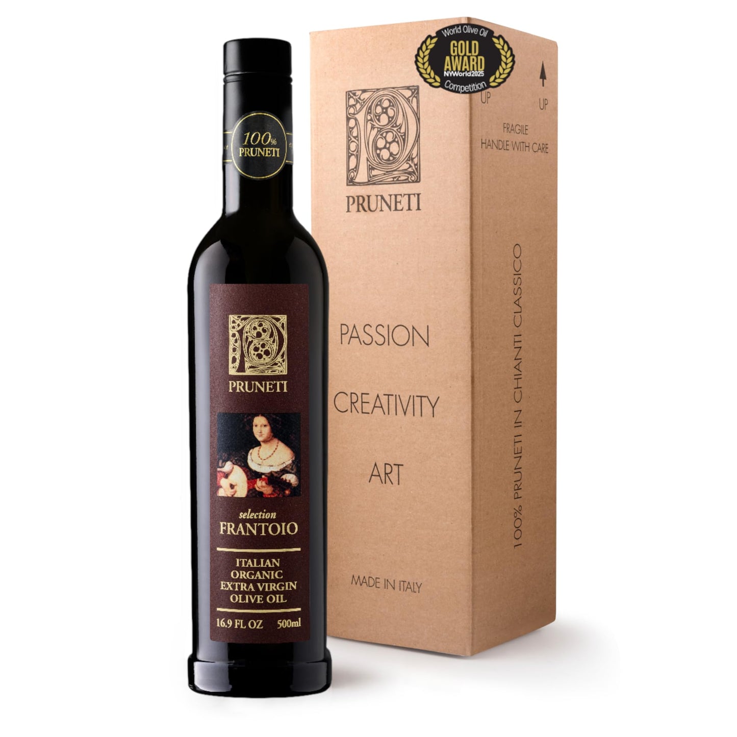 Pruneti - Frantoio Robust  Organic New 2024-2025 Early Harvest Italian Olive Oil Extra Virflavor Blend From Tuscany  Italy  Polyphenol Rich 500+ Mg/Kg  Gold Winner  First Cold Pressed  16.9 Fl Oz