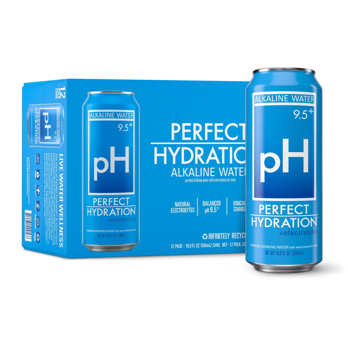 Perfect Hydration 9.5+ Ph Alkaline Water, Electrolyte Minerals For Taste, Made In The Usa, 16.9 Oz Recyclable Aluminum Cans, Pack Of 12