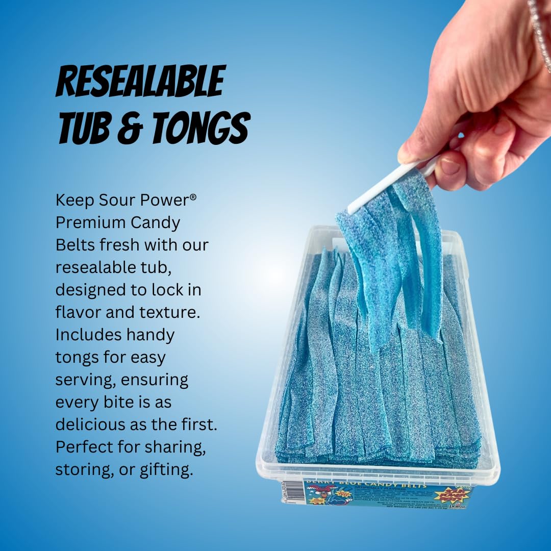 Sour Power Berry Blue Candy Belts - Vegan, Non-GMO, 2.5 lb Resealable Tub - Soft & Chewy Retro