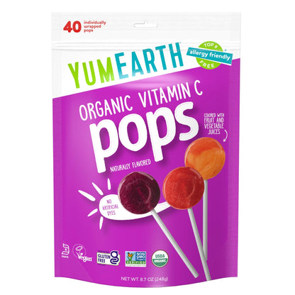 YumEarth Organic Vitamin C Pops Variety Pack, 40 Fruit Flavored Favorites Lollipops, Allergy Friendly, Gluten Free, Non-GMO, Veg