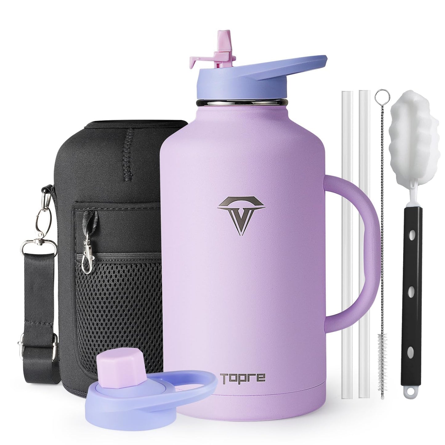 Topre 64 Oz Water Bottle Insulated With Handle And Carry Pouch, Half Gallon Stainless Steel Water Bottles Mug With Straw Lid Spo