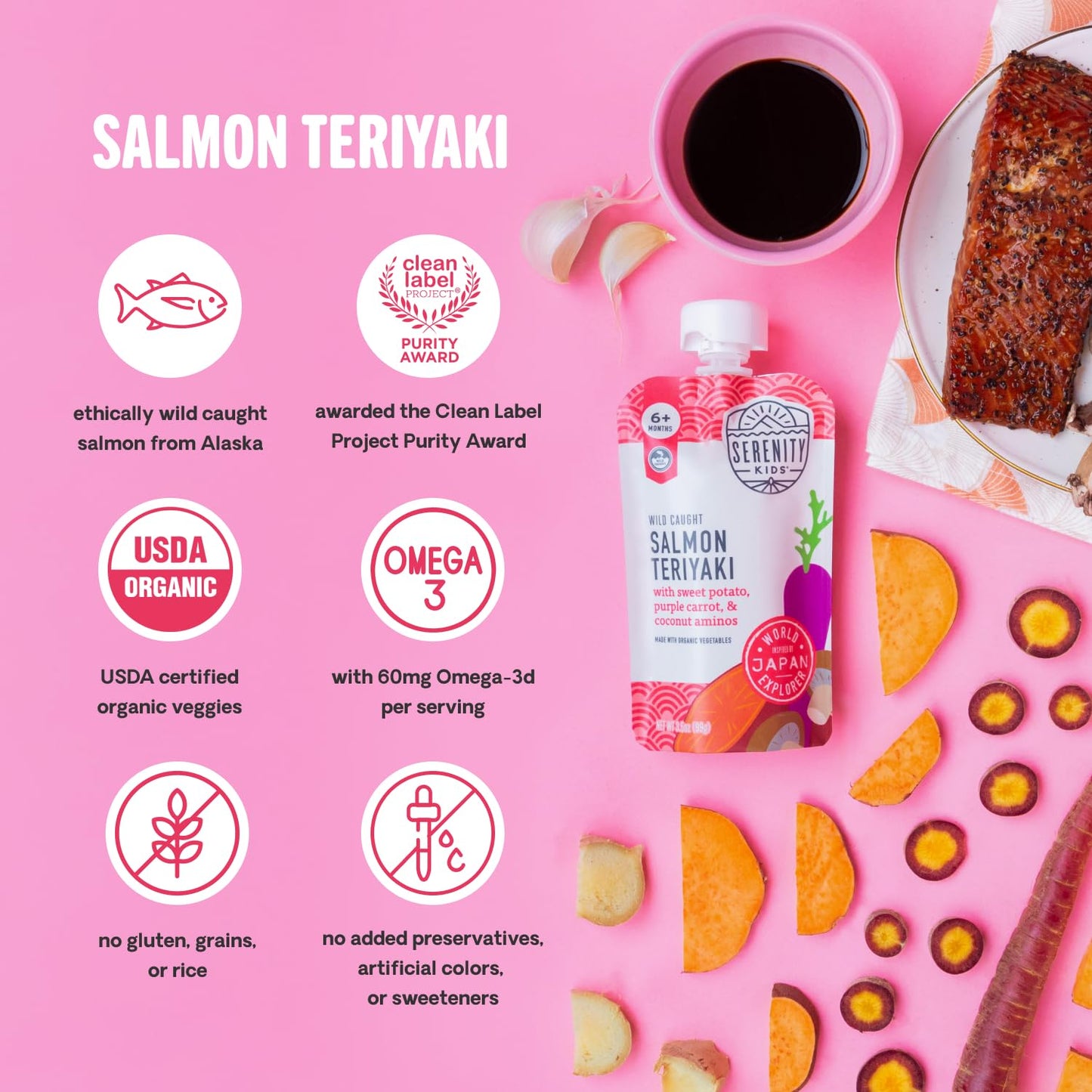 Serenity Kids 6+ Months Organic Baby Food Pouch - 3.5 Oz, Pack Of 12, Salmon Teriyaki - 5G Protein Nutrient-Packed Puree - Savory Salmon Teriyaki - No Added Sugar - On-The-Go Pouch For Baby Snacks