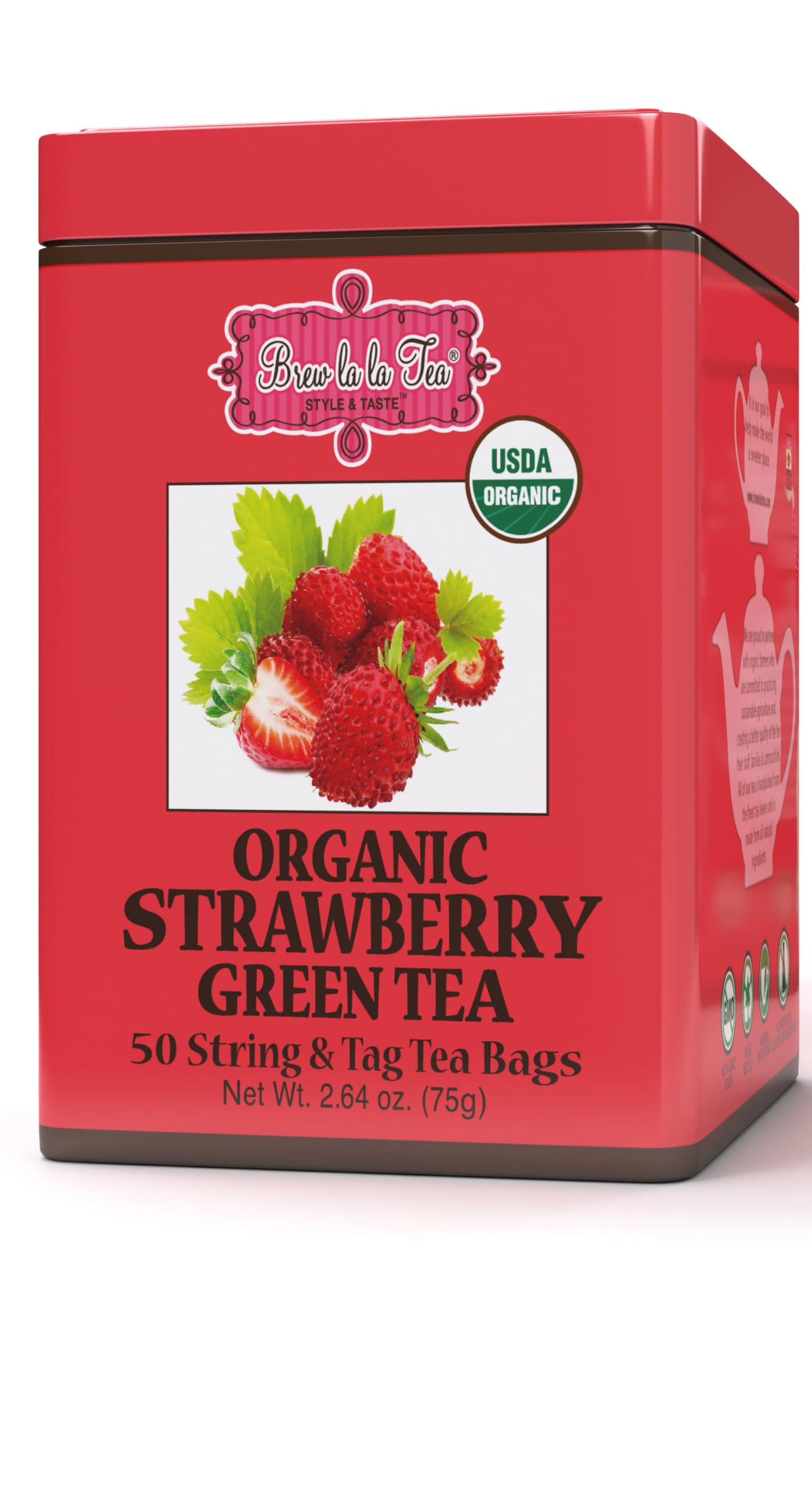 Brew La La Organic Green Tea - Natural Strawberry Flavor - 50 Tea Bags - Low Caffeine Gourmet Tea