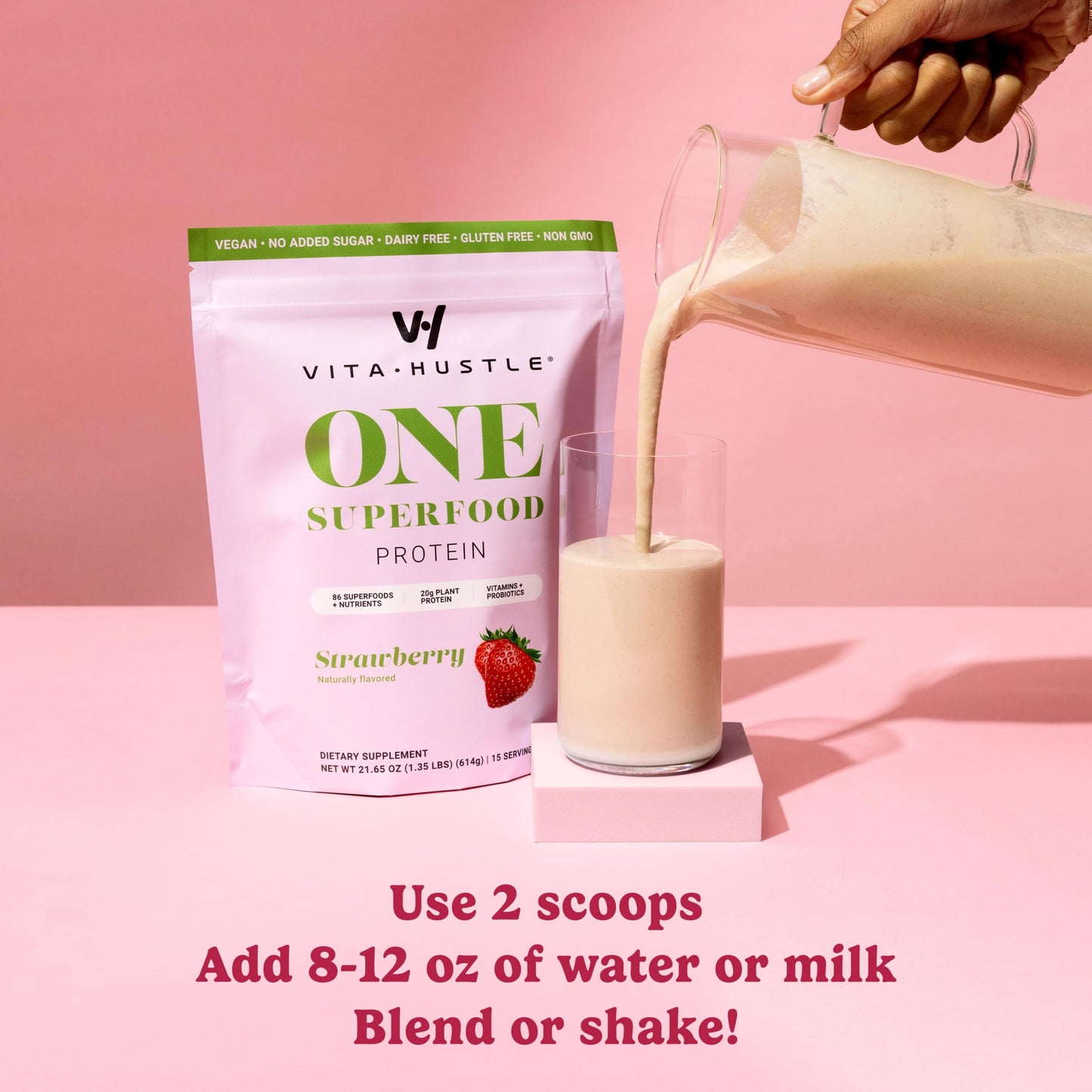 VitaHustle ONE Meal Replacement Shake - Plant Based Protein Powder, Strawberry Flavor, 10.9 Ounce (Pack of 2), Vegan, with Superfoods