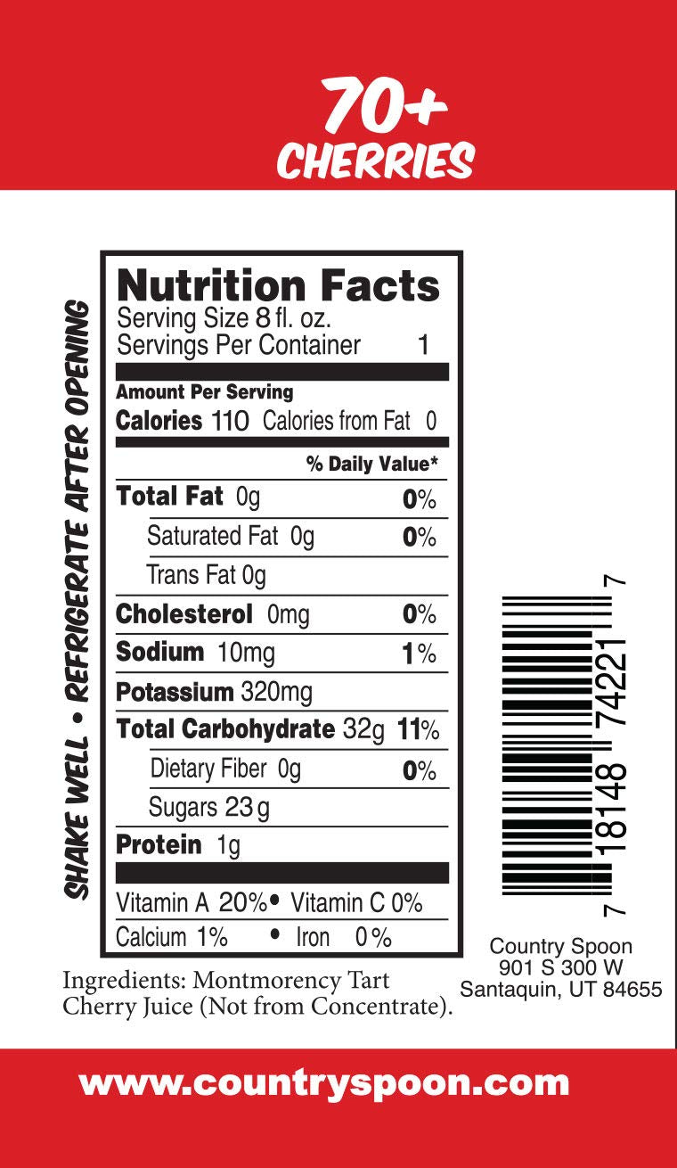 Country Spoon 100% Tart Cherry Juice (70+ Tart Cherries Per 8 oz) 12 Pack | Not from Concentrate, Single Ingredient Drink, Melat