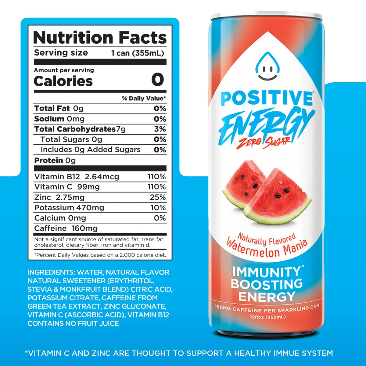 POSITIVE ENERGY Beverage - Zero Sugar Energy Drink, 12 oz Can, Pack of 12, Supports Hydration and Immunity