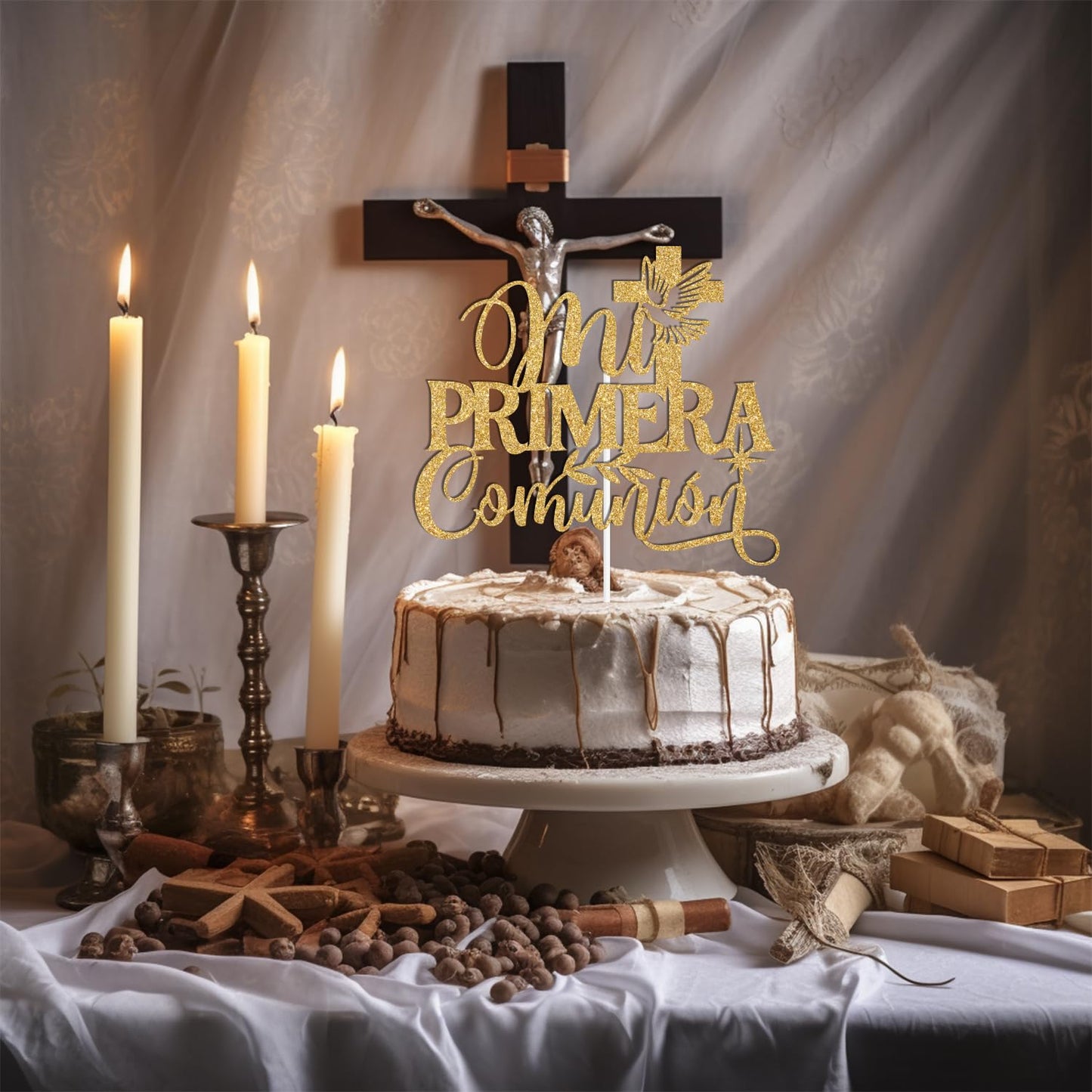 ZACHAKO Gold Glitter Cake Topper - Mi Primera Comunion, 5x5, Paper Decoration for Baptism/First Holy Communion, Baby Shower