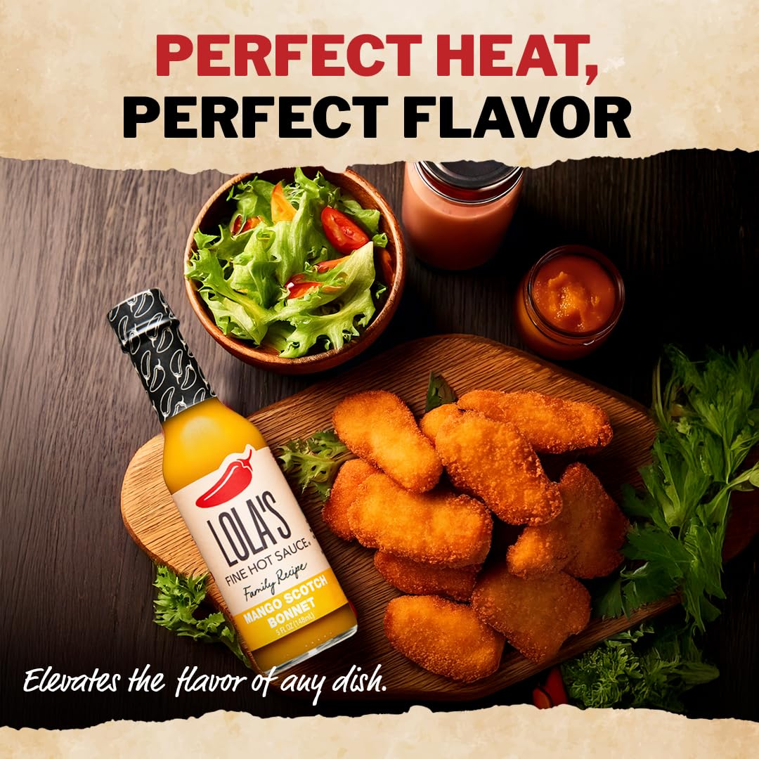 Lolas Fine Hot Sauce Mango Ginger Scotch Bonnet, Sweet & Spicy, 5 Fl Oz, Gluten Free, Keto Friendly, Zero Calories