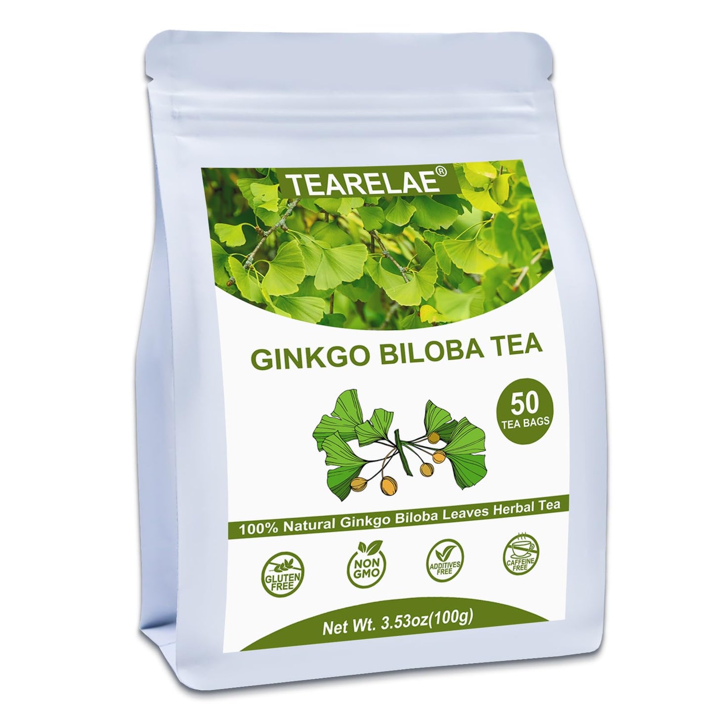 TEARELAE Ginkgo Biloba Tea Bags - 100% Pure Leaves, Non-GMO, Caffeine-free - 50 Count