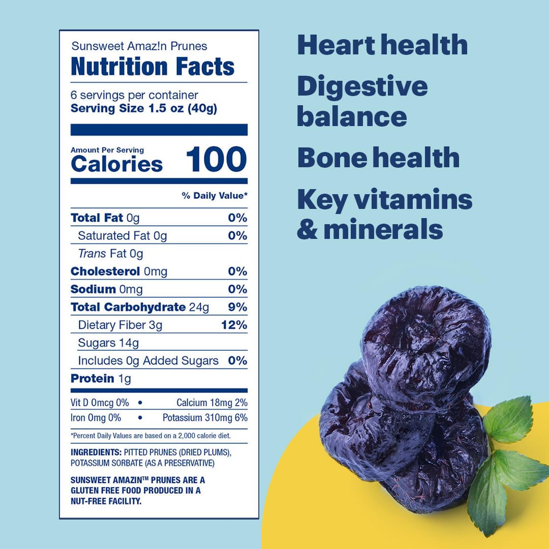 Sunsweet Amazin' Pitted Prunes - Dried Prunes Pitted Unsweetened - Gluten Free, Vegan, Low Fat - Fiber & Minerals - 16 Oz Canister X 6 Pack