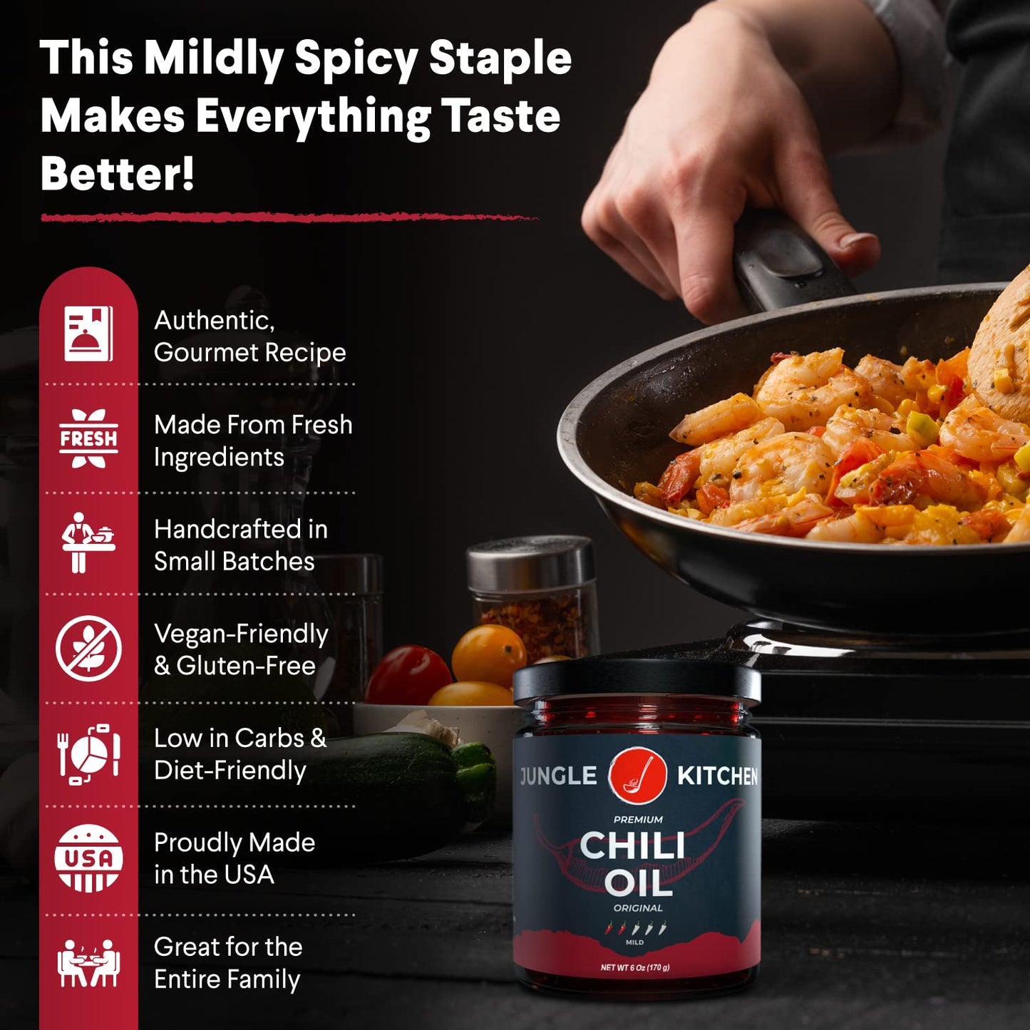 Jungle Kitchen Crunchy Garlic Chili Oil Chili Crisp Oil Vegan & Gluten-Free For Meats, Stir Fry, Vegetables, 6Oz